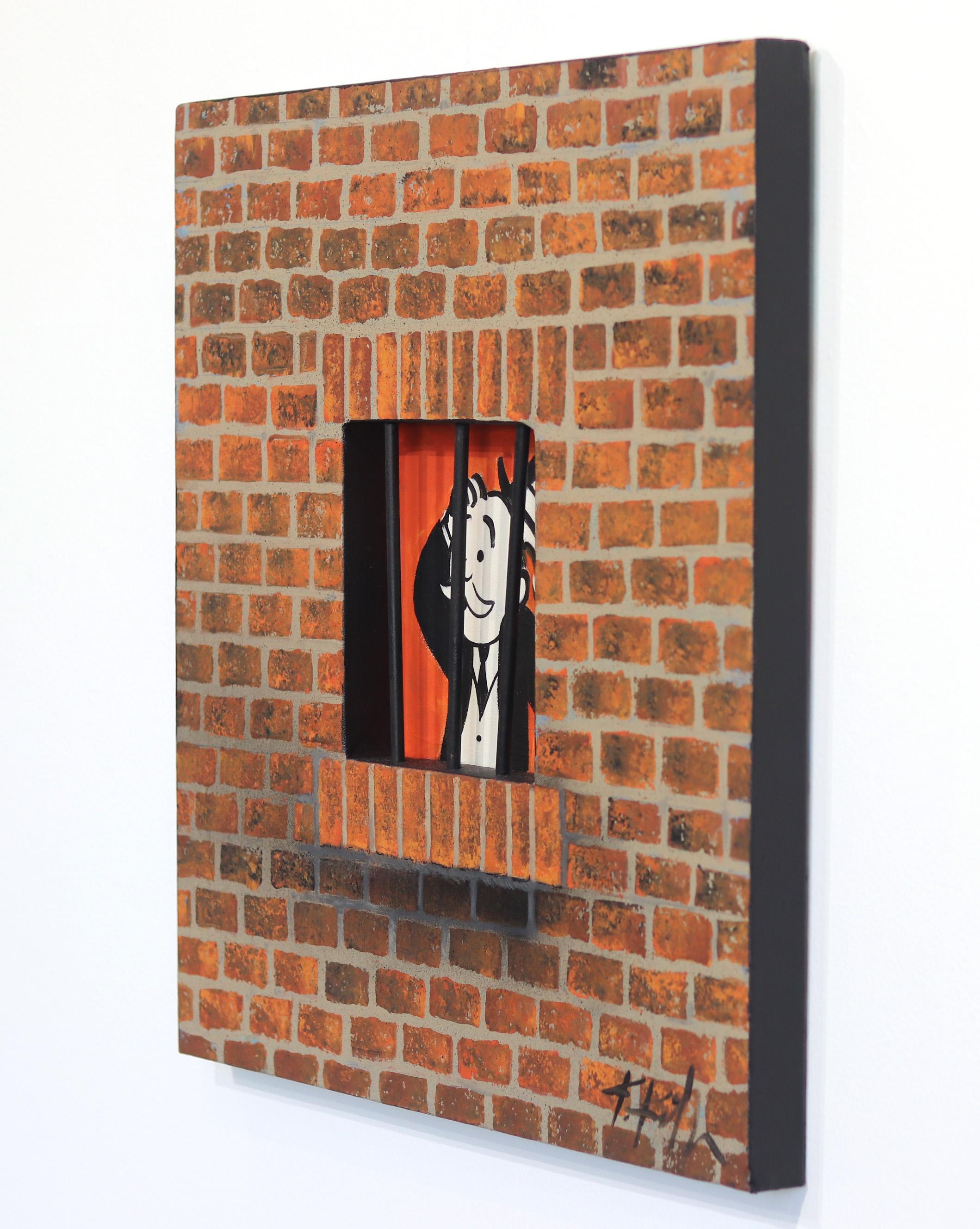 Zio Penny Bags - Distanziamento sociale - Opera d'arte originale in tecnica mista fotorealistica - Figurative Painting Marrone di Kathleen Keifer