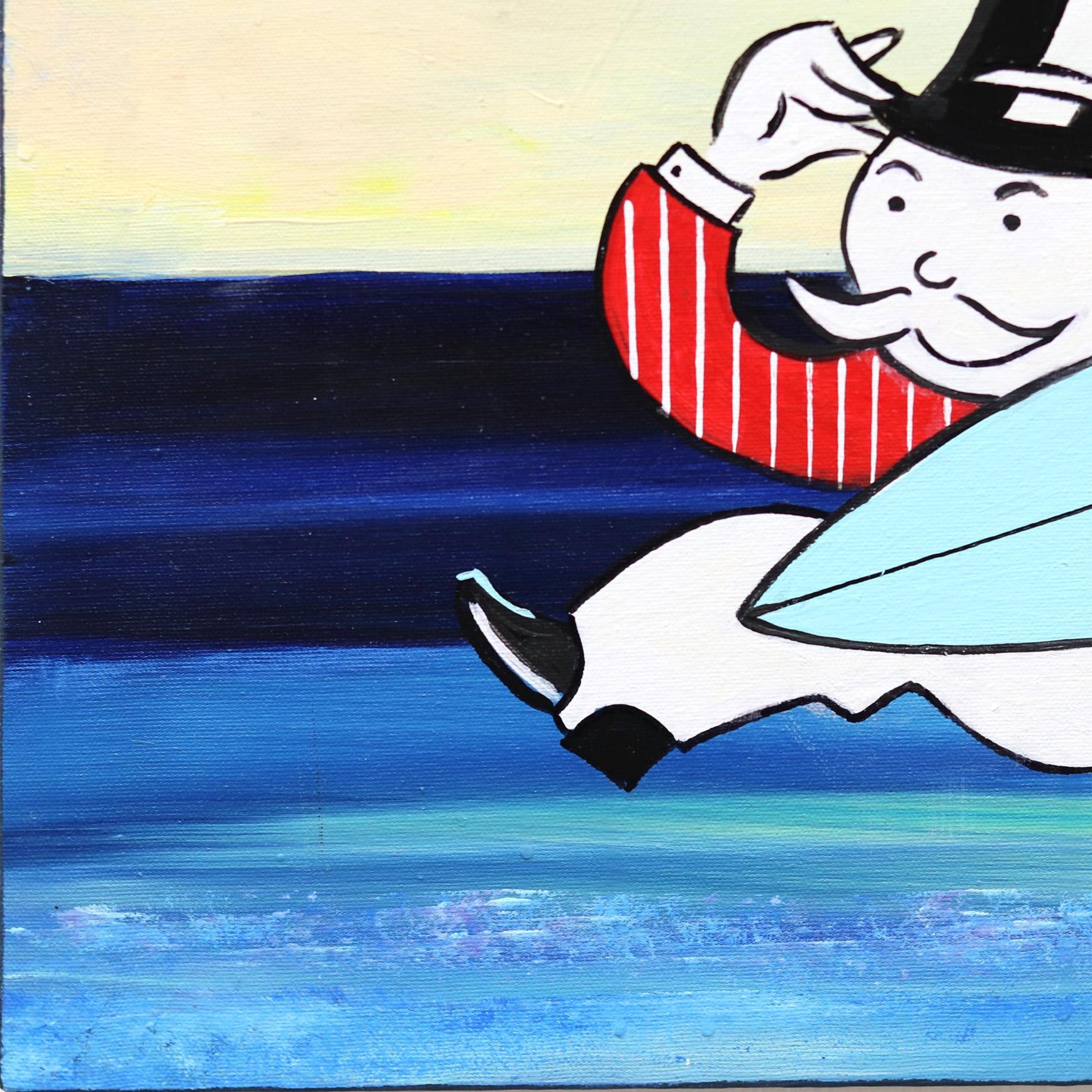 Uncle Pennybags Goes Surfing - Blue Figurative Painting by Kathleen Keifer