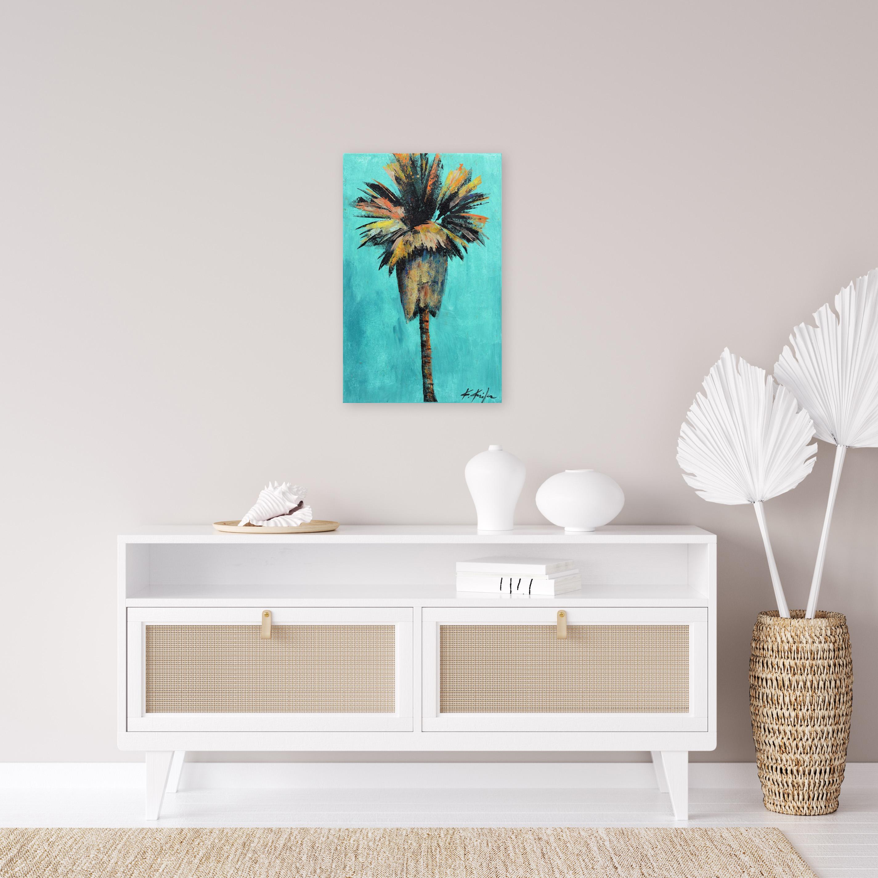 Verdigris Breeze - Original Modern Turquoise Landscape Palm Tree ArtPalm Tree  - Painting by Kathleen Keifer