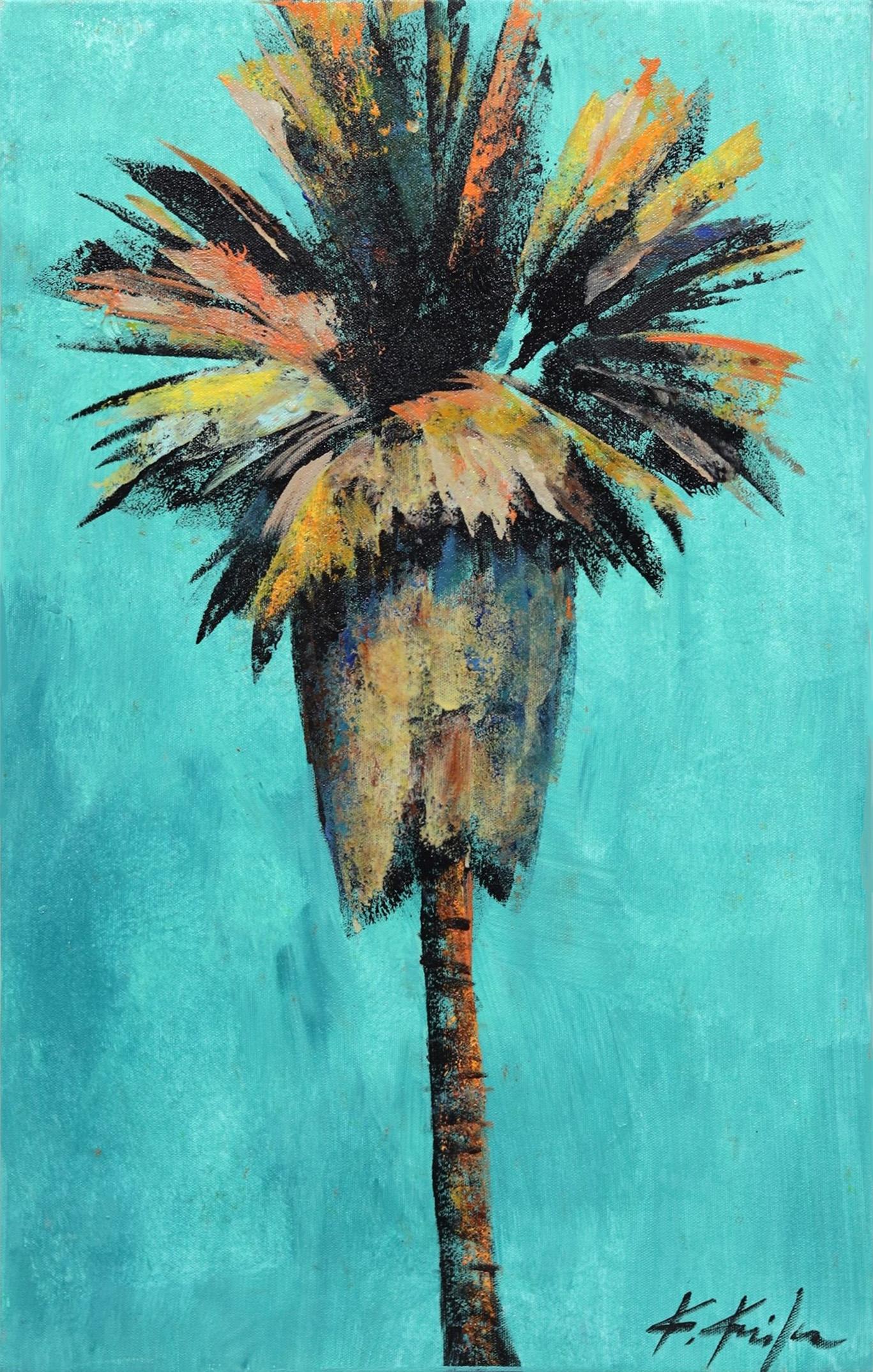 Verdigris Breeze - Paisaje Turquesa Moderno Original Arte de la PalmeraPalm Tree