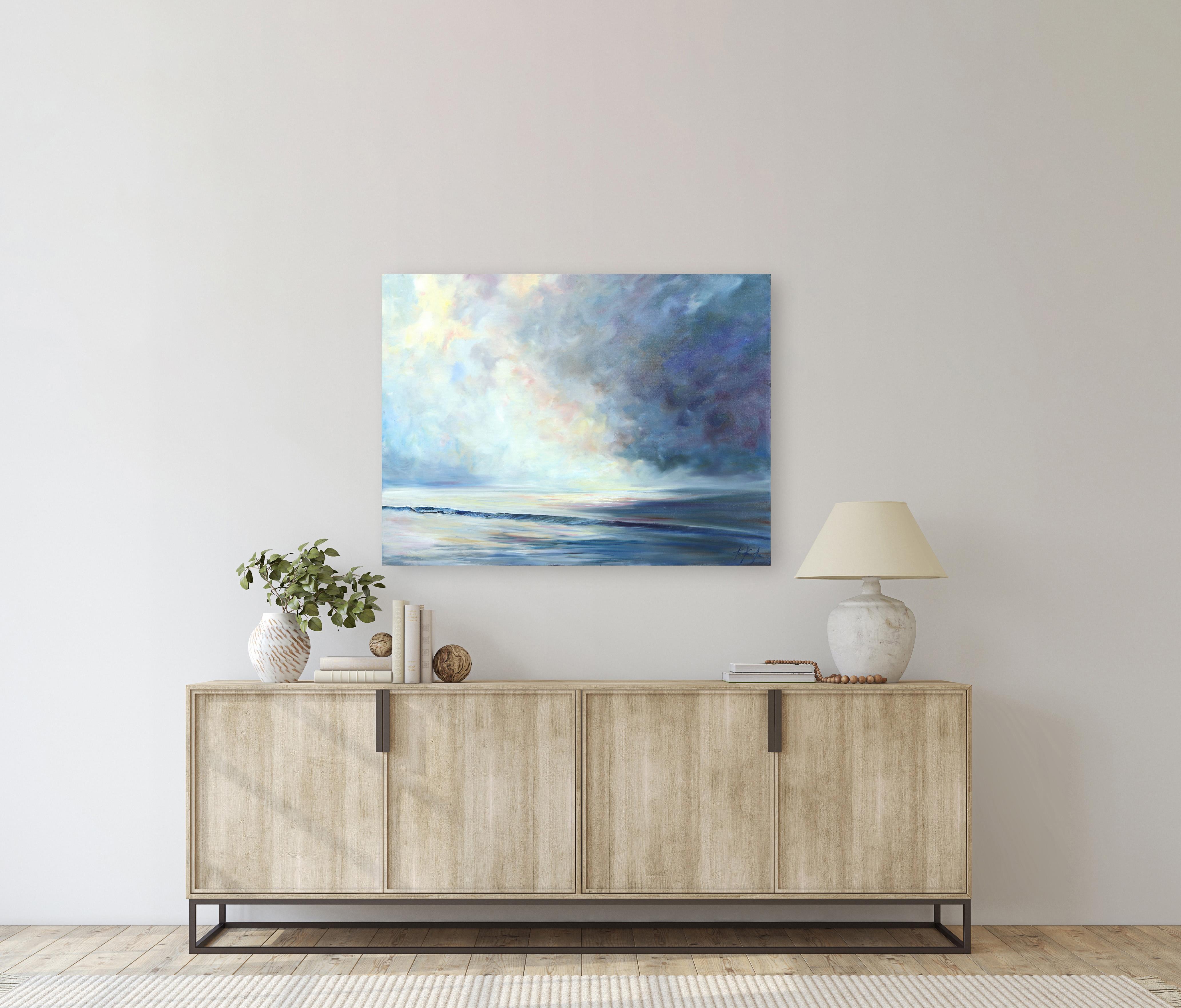 Was bleibt - Original Sublime Abstract Blue Coastline Seascape Ölgemälde – Painting von Kathleen Keifer