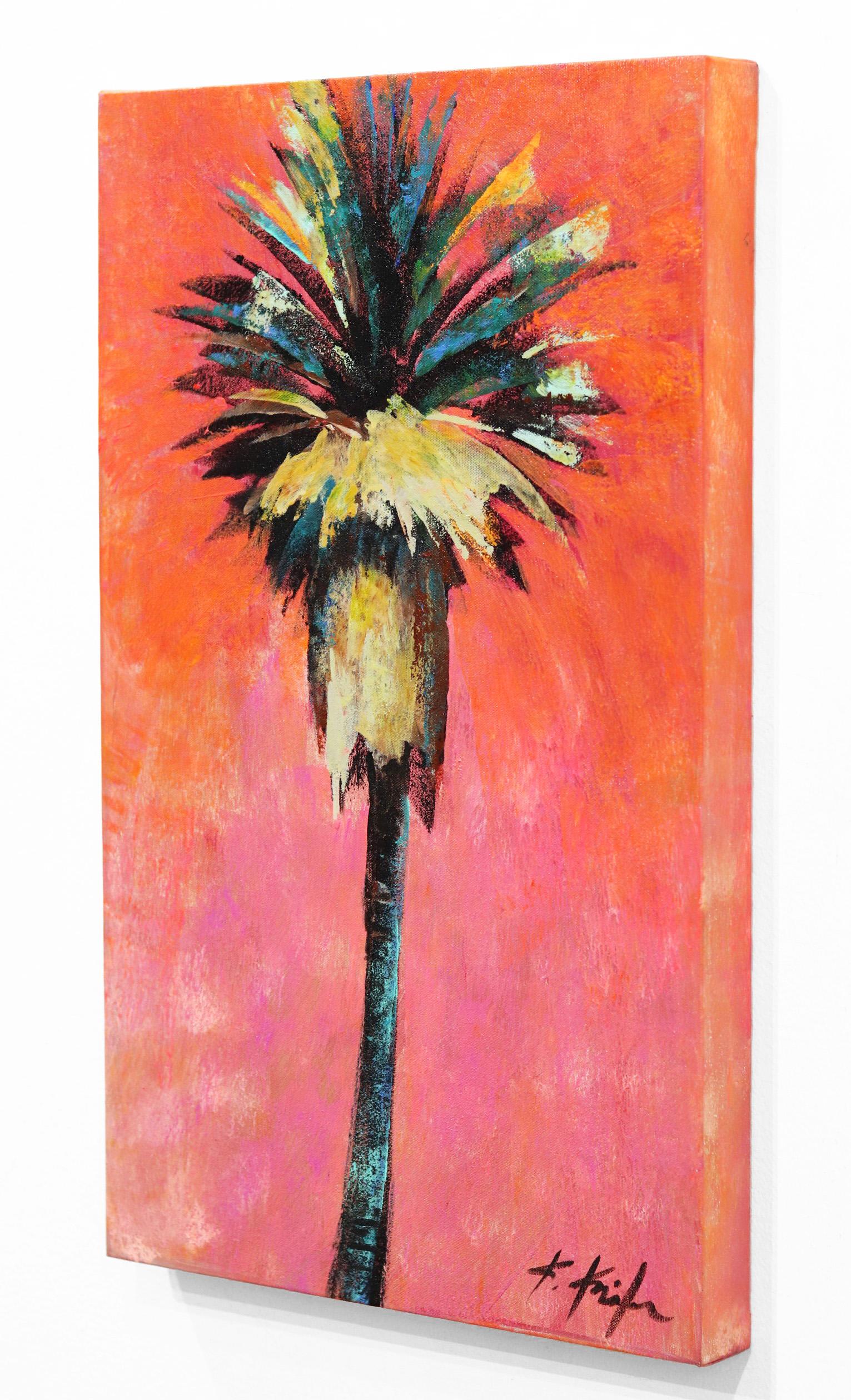 Xanadú Coral - Paisaje Pop Palmera Vibrante Pintura Original sobre Lienzo - Figurative Painting Naranja de Kathleen Keifer