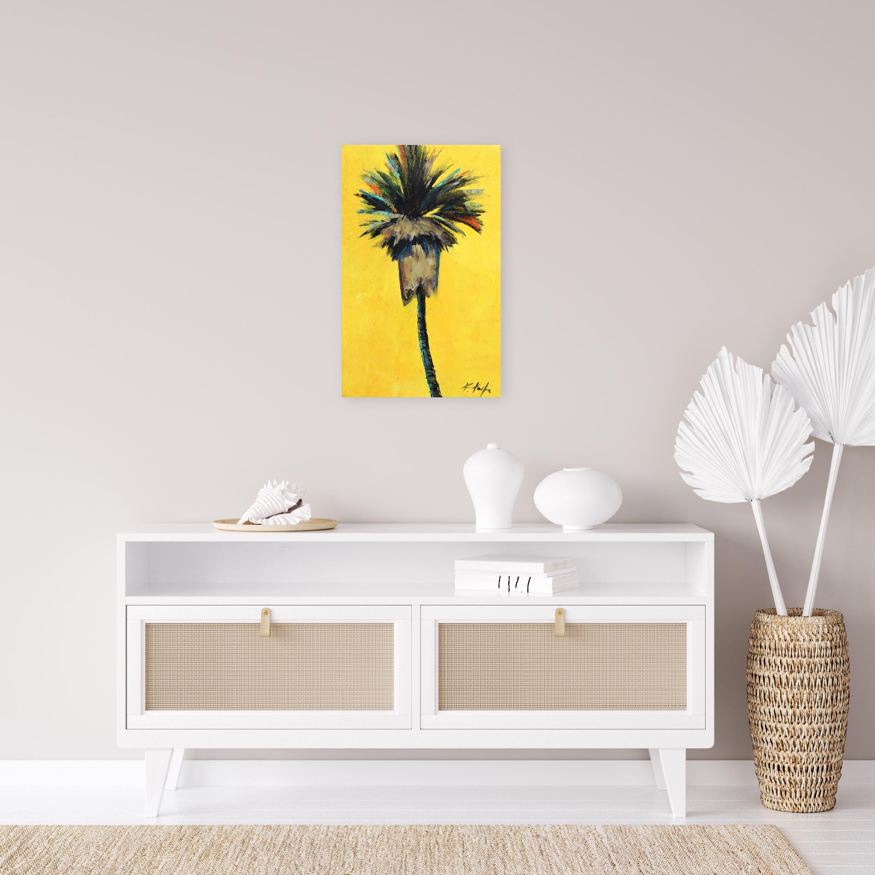 Gelber Traum – Original Palmenbaum auf gelbem Himmel, Landschaftsgemälde – Painting von Kathleen Keifer