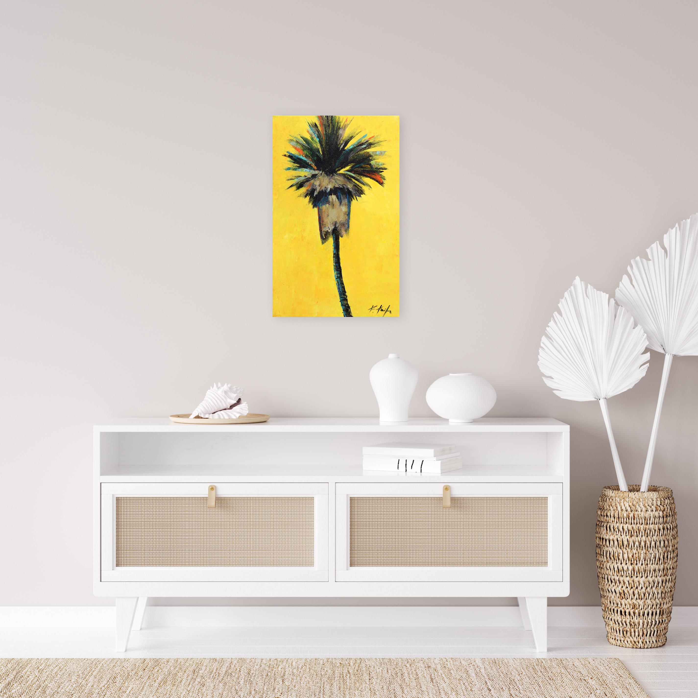 Sueño amarillo - Pintura original de paisaje con palmera sobre cielo amarillo - Painting de Kathleen Keifer