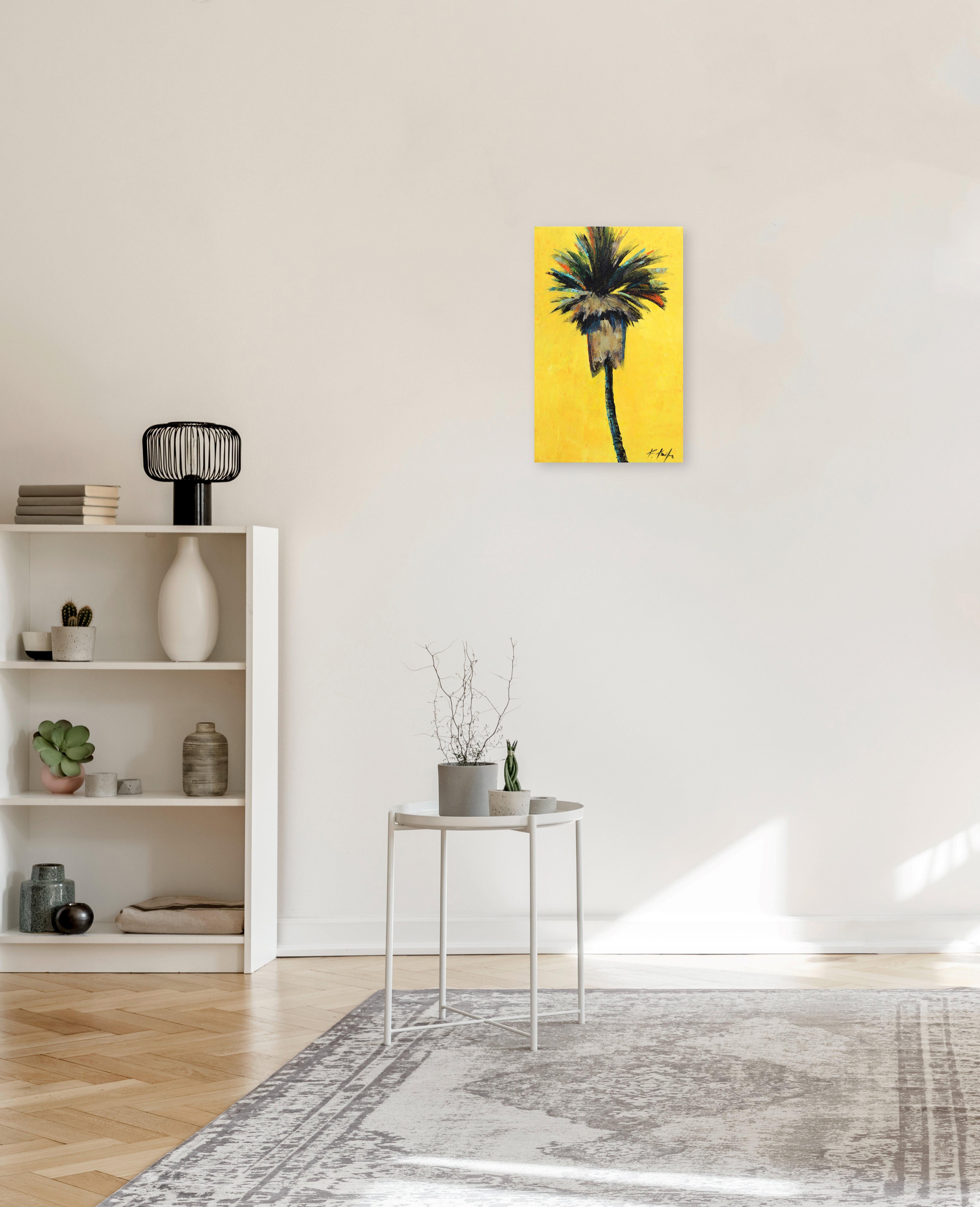 Yellow Dream - Original Palm Tree on Yellow Sky Landscape Painting For Sale 2