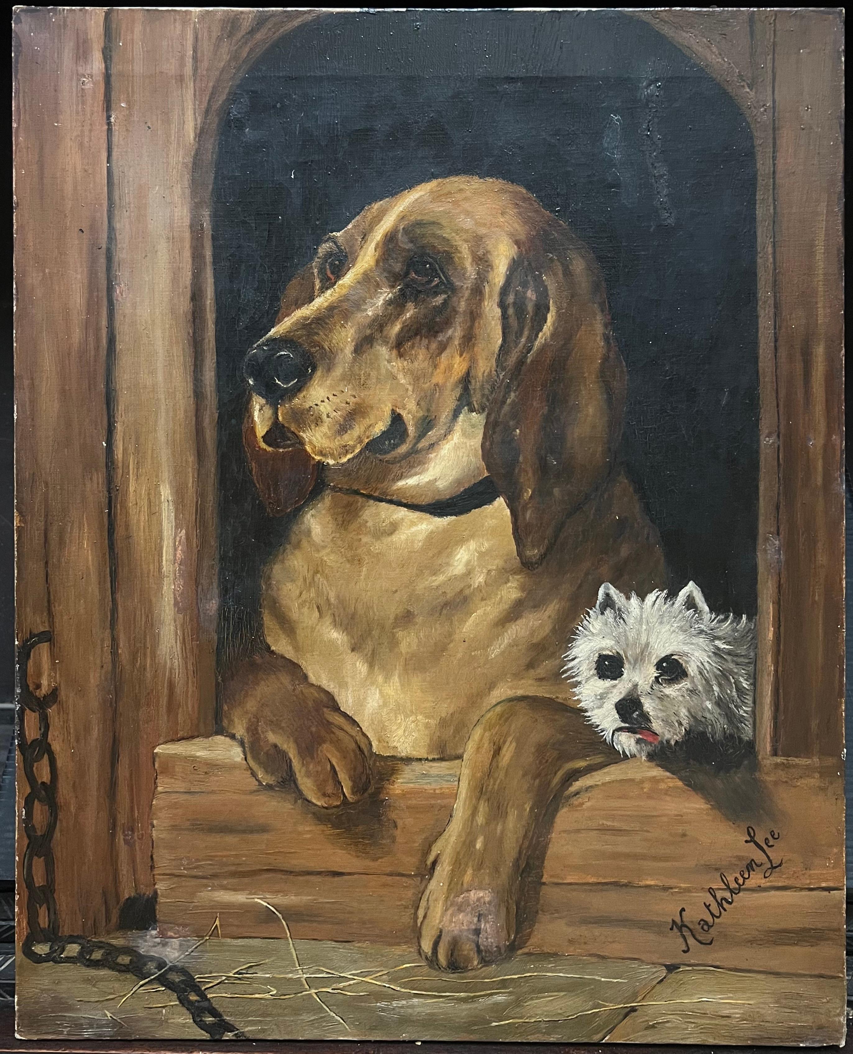 Retrato antiguo de perros sabuesos y terrier en perrera Pintura al óleo según Landseer - Painting de Kathleen Lee