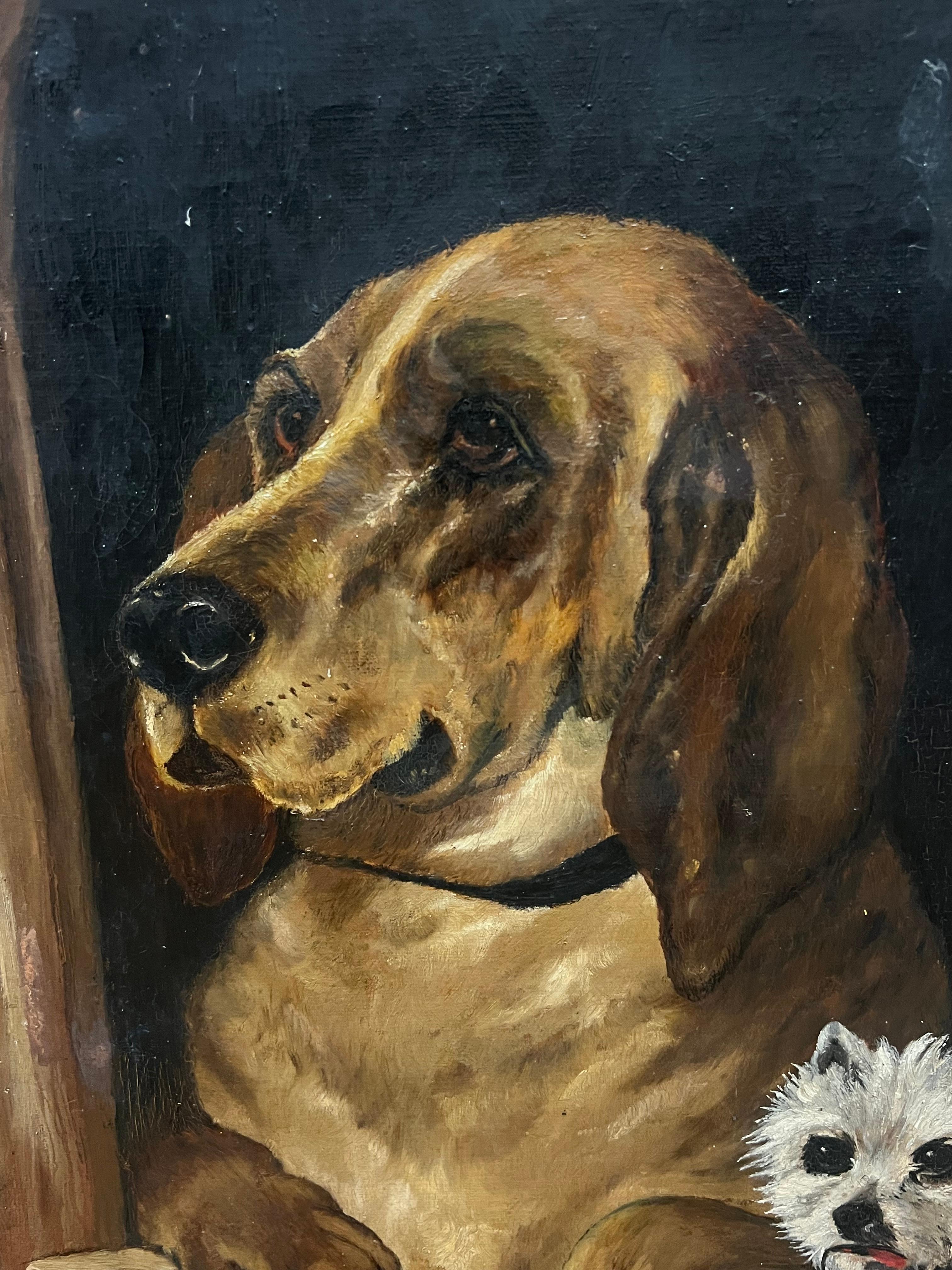 Retrato antiguo de perros sabuesos y terrier en perrera Pintura al óleo según Landseer - Painting Victoriano de Kathleen Lee