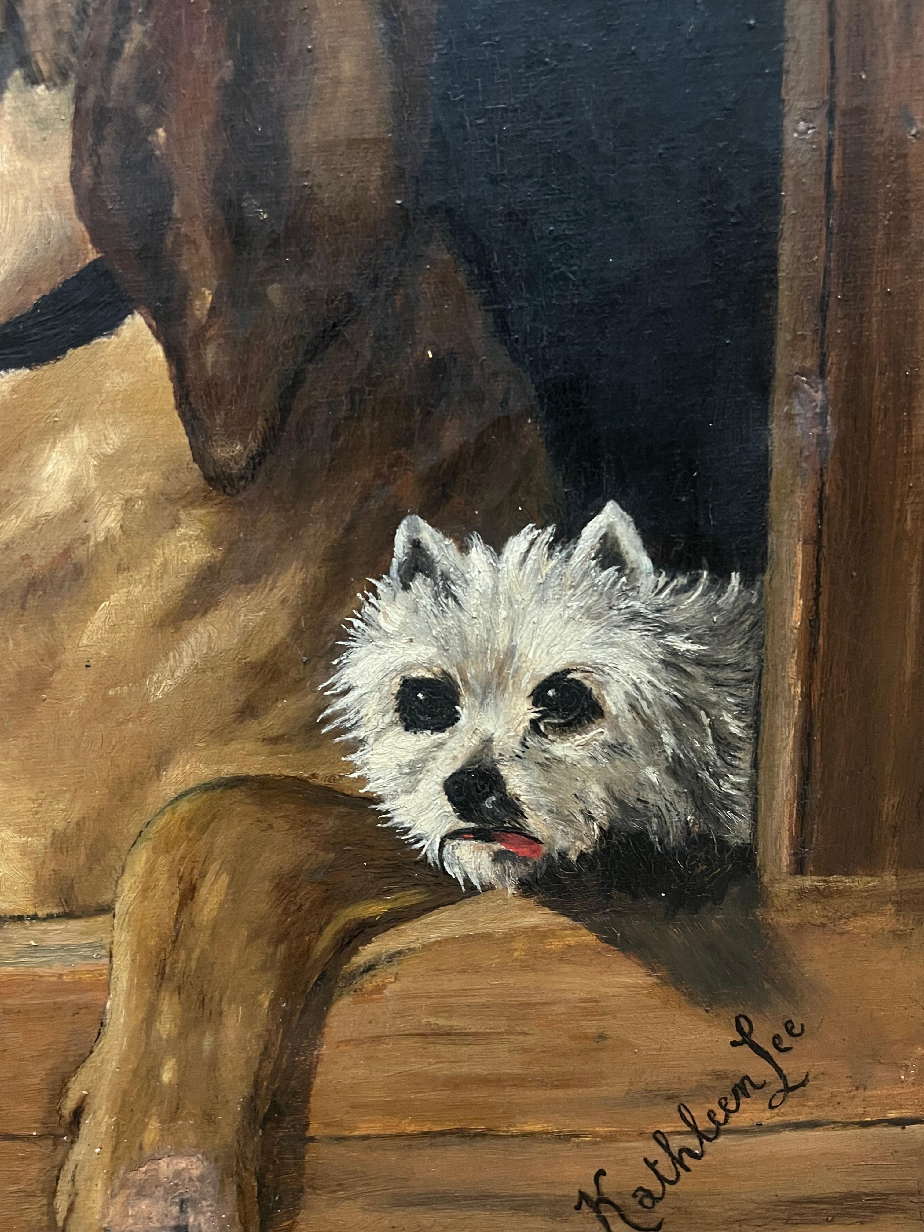 Retrato antiguo de perros sabuesos y terrier en perrera Pintura al óleo según Landseer - Animal Painting Marrón de Kathleen Lee