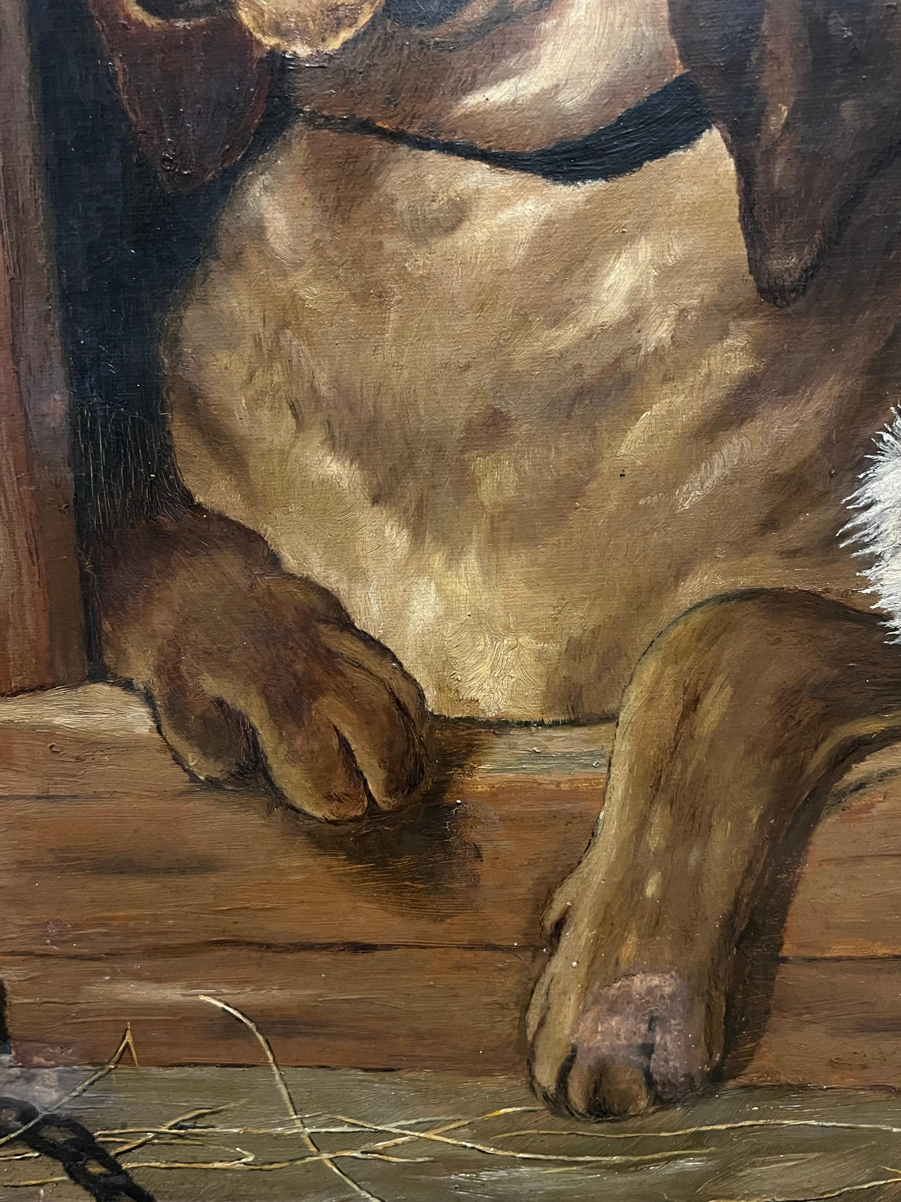 Retrato antiguo de perros sabuesos y terrier en perrera Pintura al óleo según Landseer en venta 1