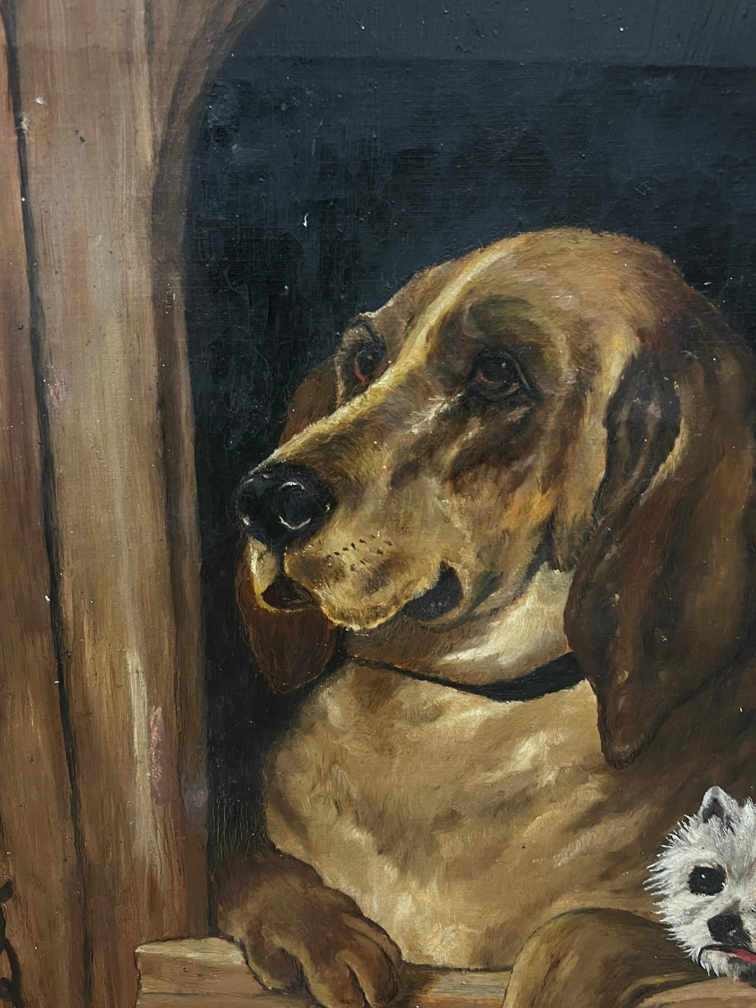 Retrato antiguo de perros sabuesos y terrier en perrera Pintura al óleo según Landseer en venta 2