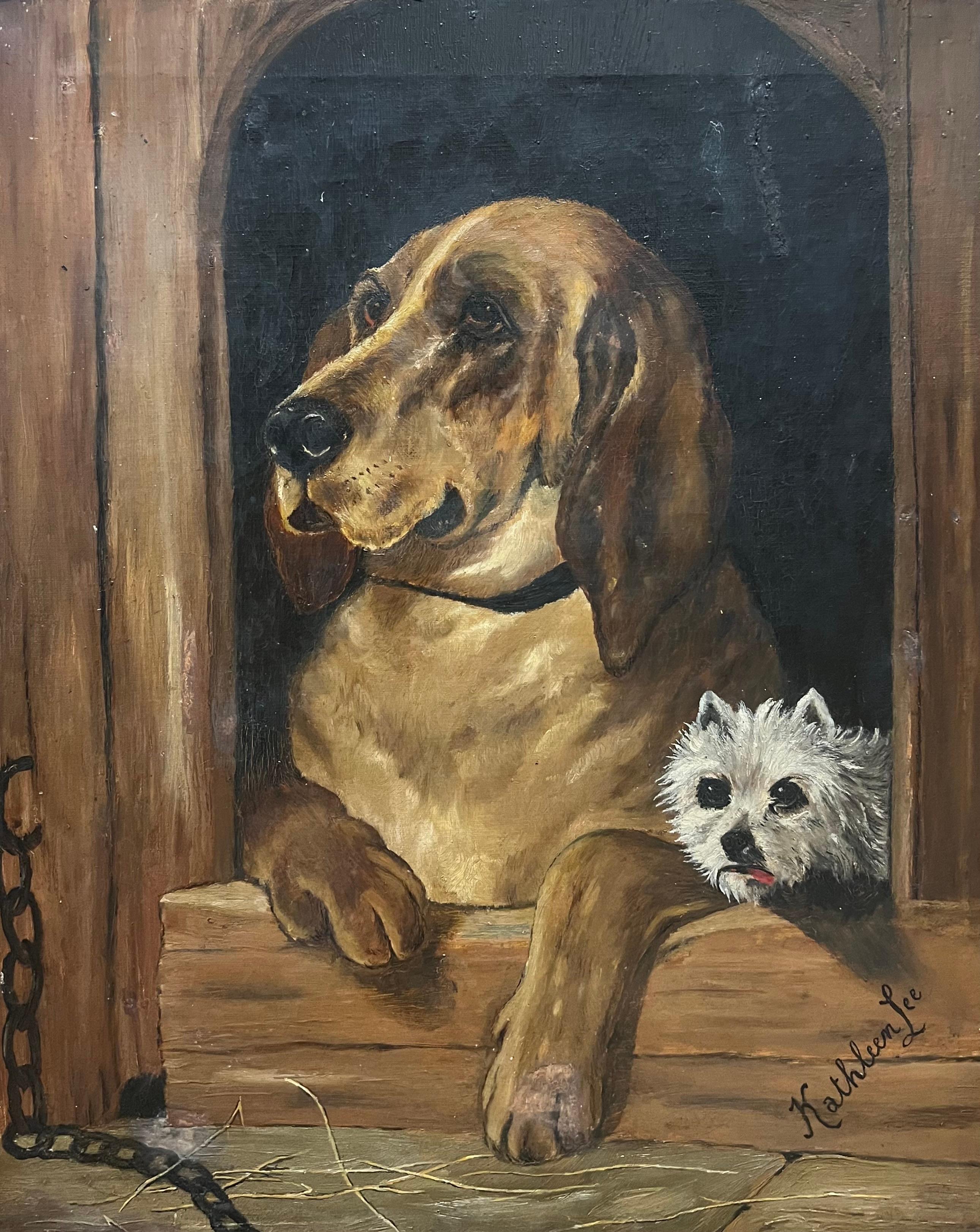 Animal Painting de Kathleen Lee - Retrato antiguo de perros sabuesos y terrier en perrera Pintura al óleo según Landseer