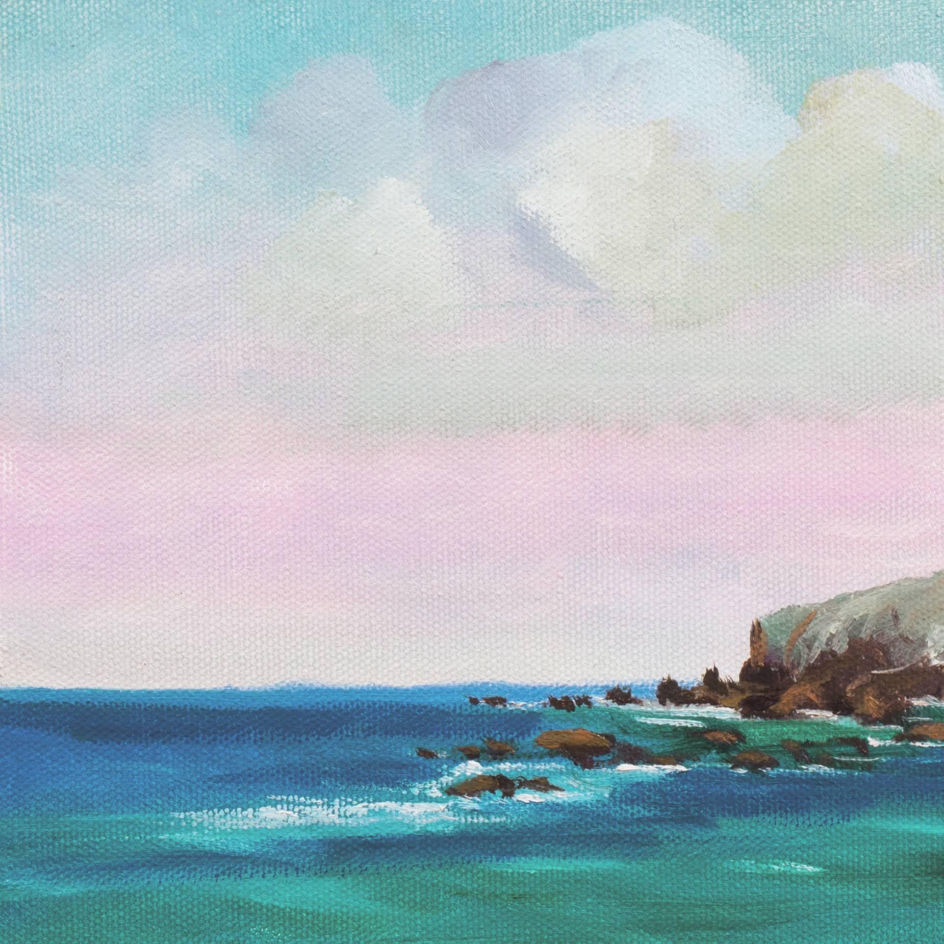 Signed lower right, 'Murray' and painted circa 2015.

A panoramic view of a hidden cove south of Carmel, California, with turquoise waters rolling in and the delicate sunset hues transforming the wet sand to lavender.

Born in Los Angeles, this