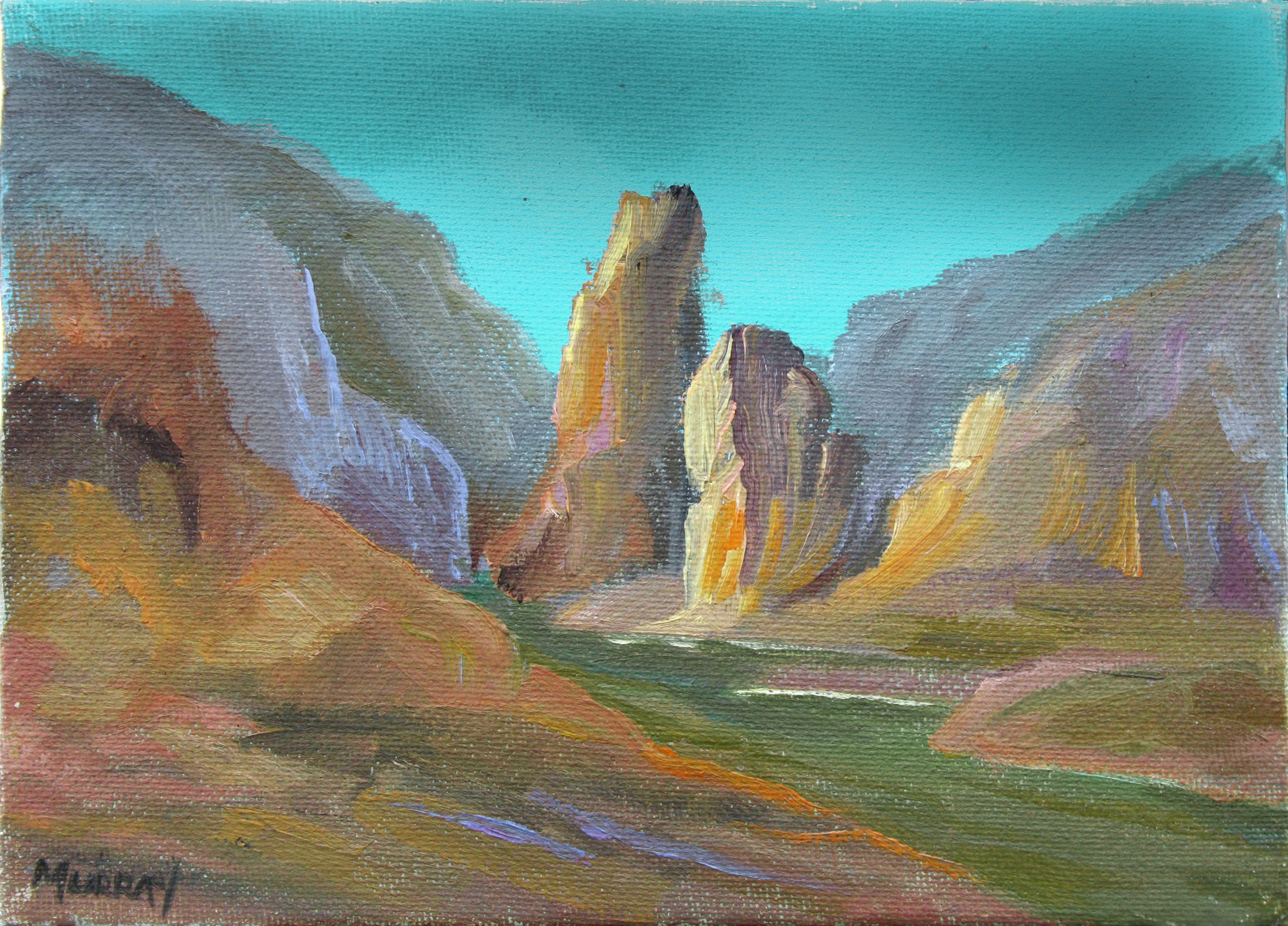 Vivid diminutive oil painting of the Grand Canyon by Kathleen Murray (American, b.1958). Signed in the lower left corner. Unframed. Image size: 5"H x 7 "W 

Kathleen Murray (American, b. 1958) was born in Los Angeles, California. In the early 1970s,