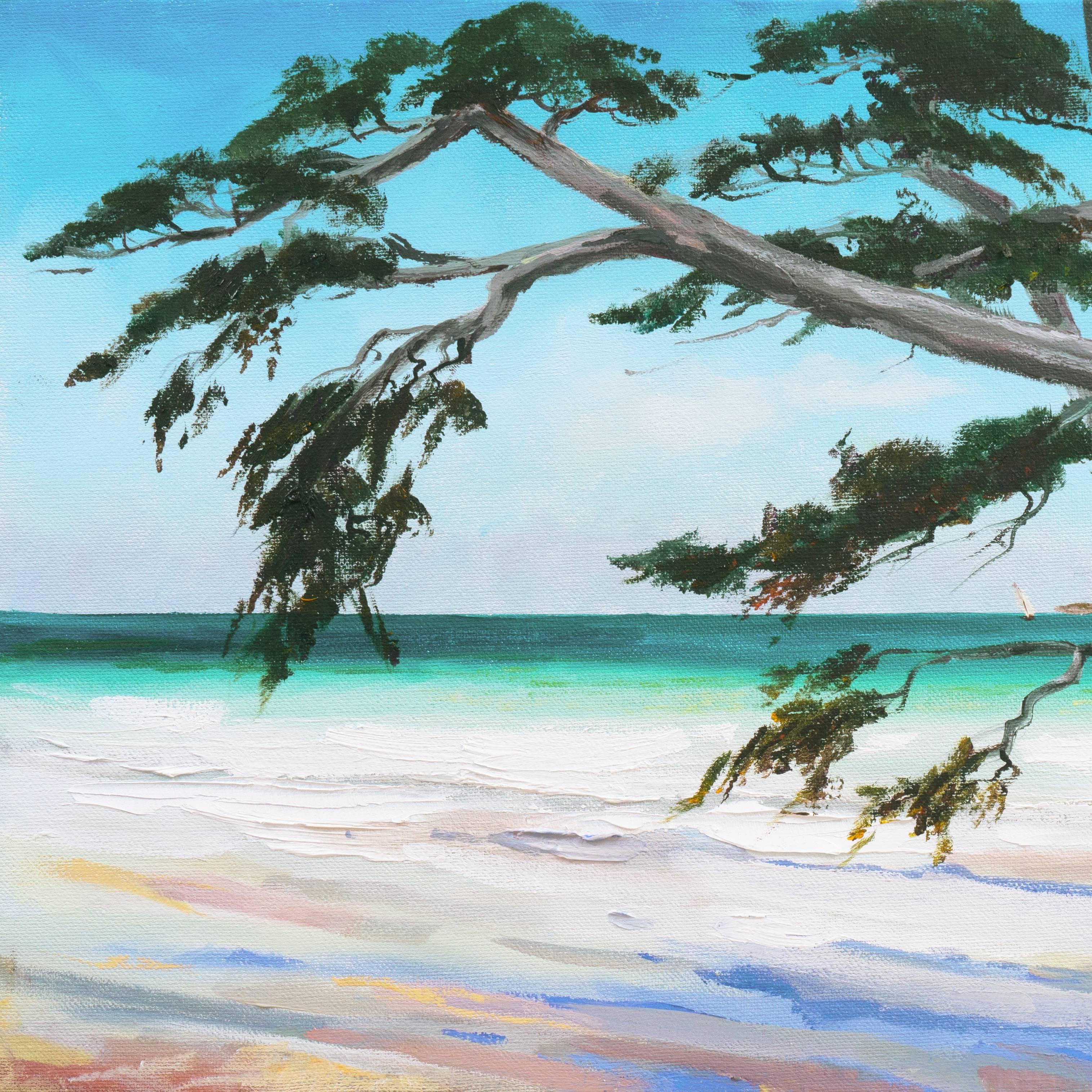 « Carmel Beach, Low Tide », artiste californienne - Bleu Landscape Painting par Kathleen Murray