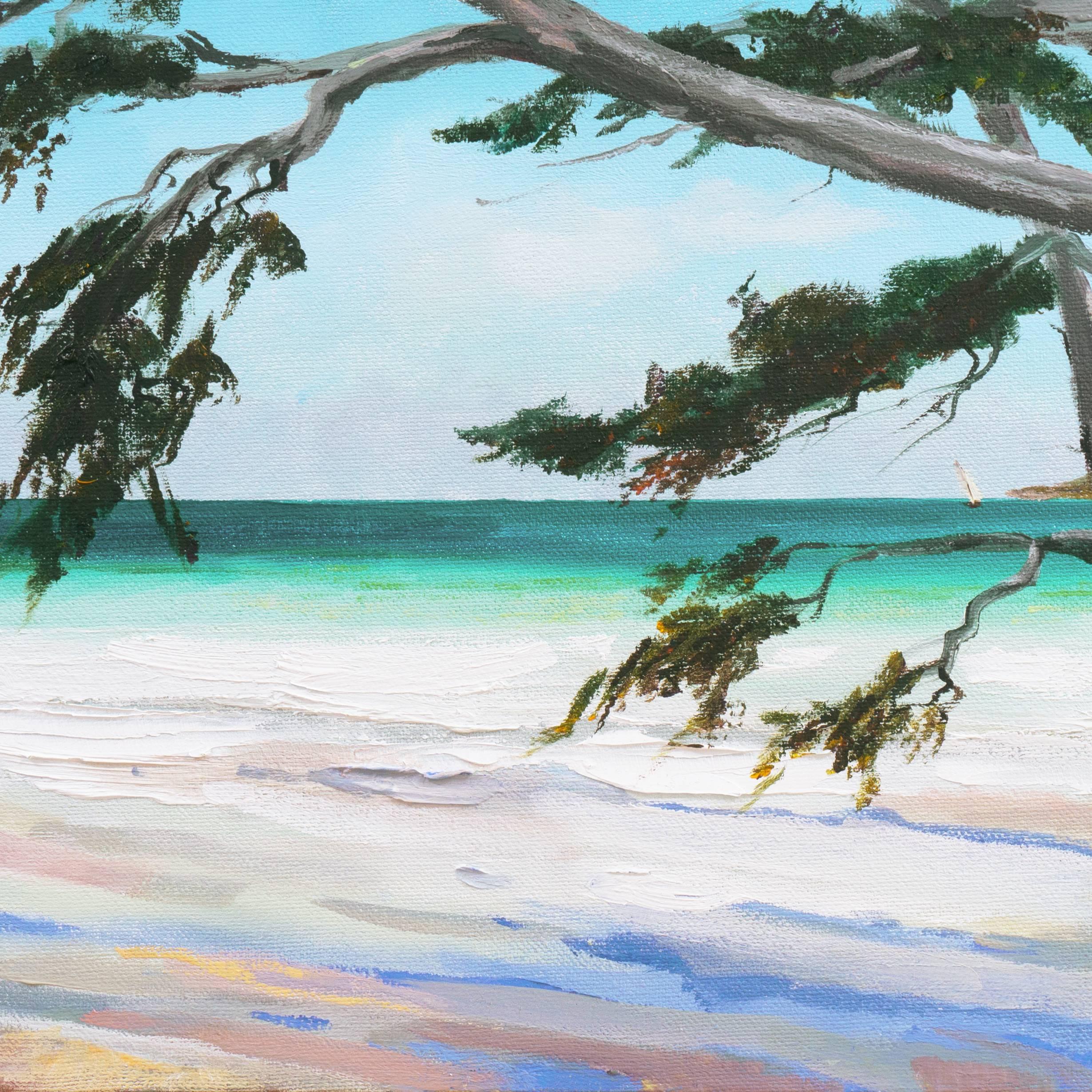 A vibrant California coastal scene showing a view of a deserted, white sand beach with a distant sailboat visible through the branches of an elegant Cypress tree. 

Signed lower right, 'Murray' and painted circa 2015.

Born in Los Angeles, this