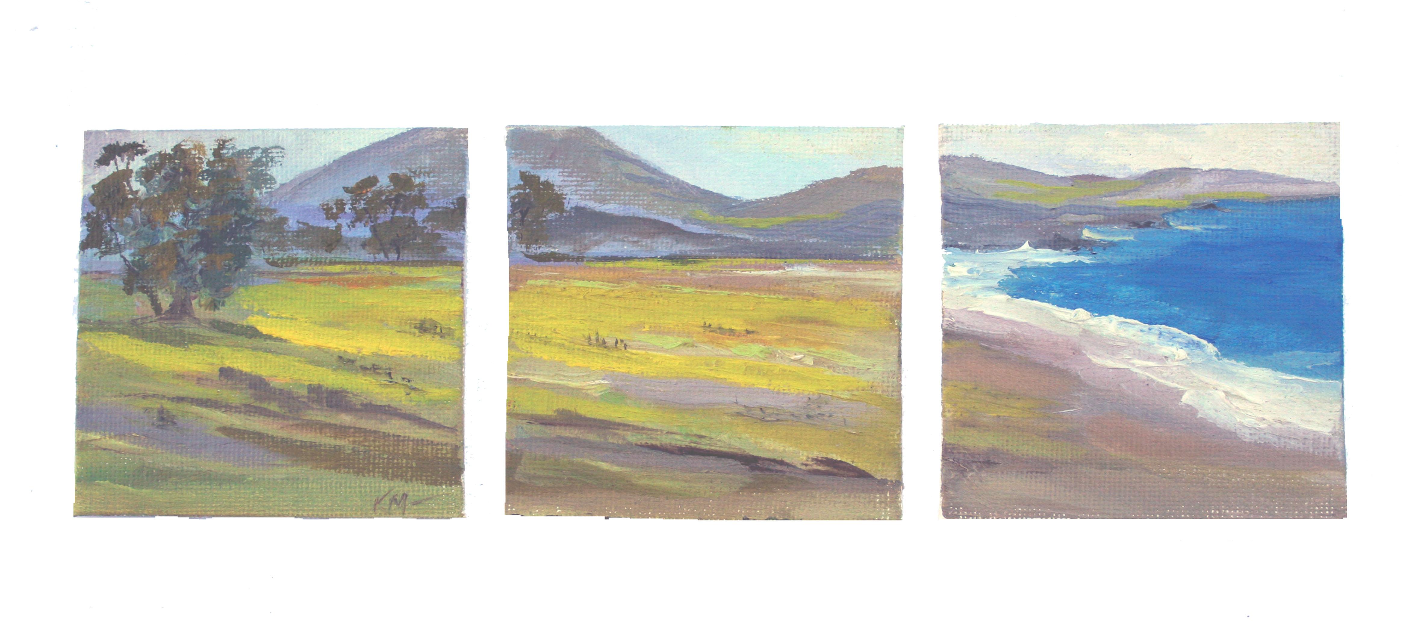 Kathleen Murray Landscape Painting - Carmel Coastline - Miniature Landscape Triptych