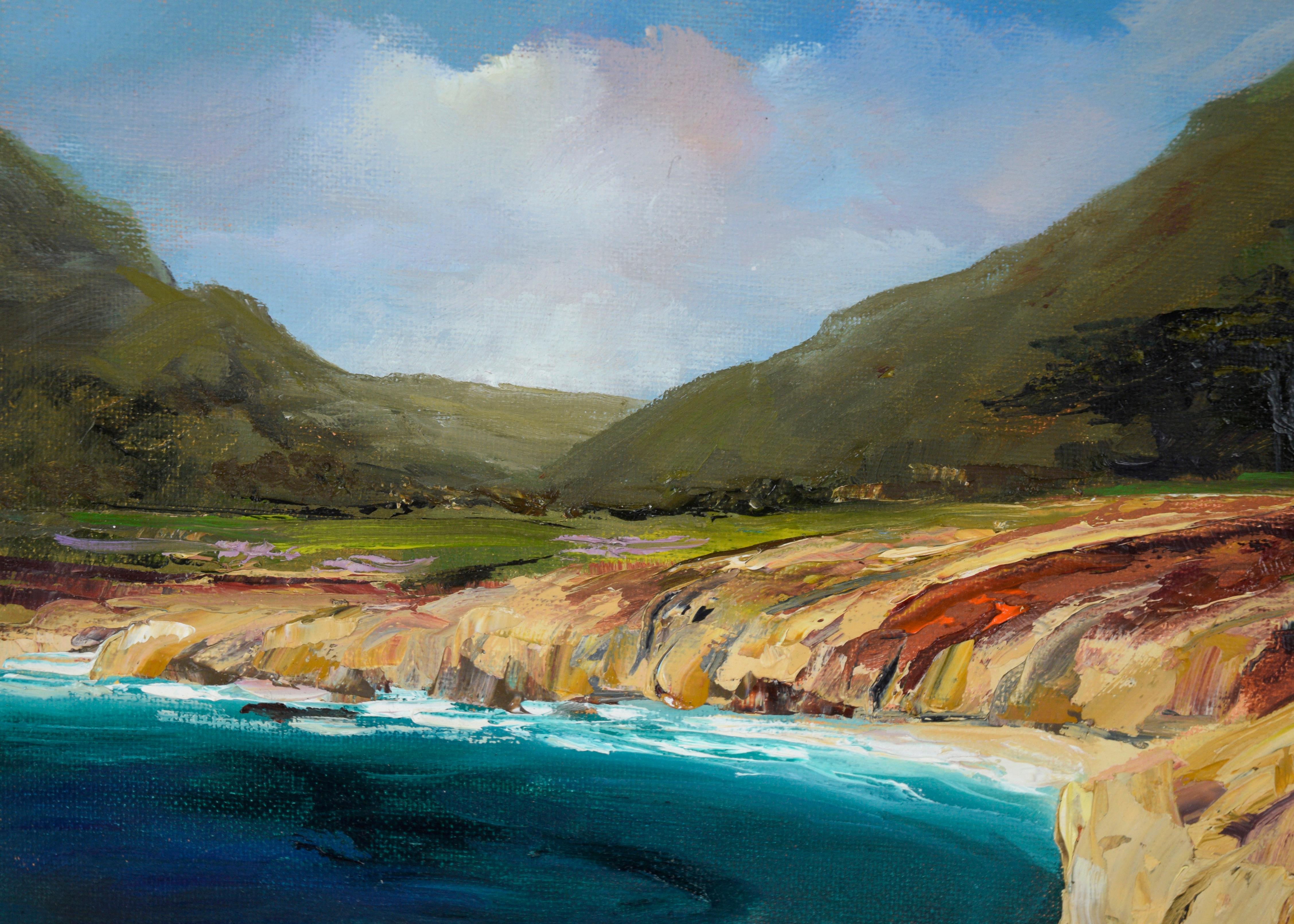 Coastal Cliffs and Lush Valley - Pacific Coast Big Sur Seascape in Oil on Canvas - Painting by Kathleen Murray