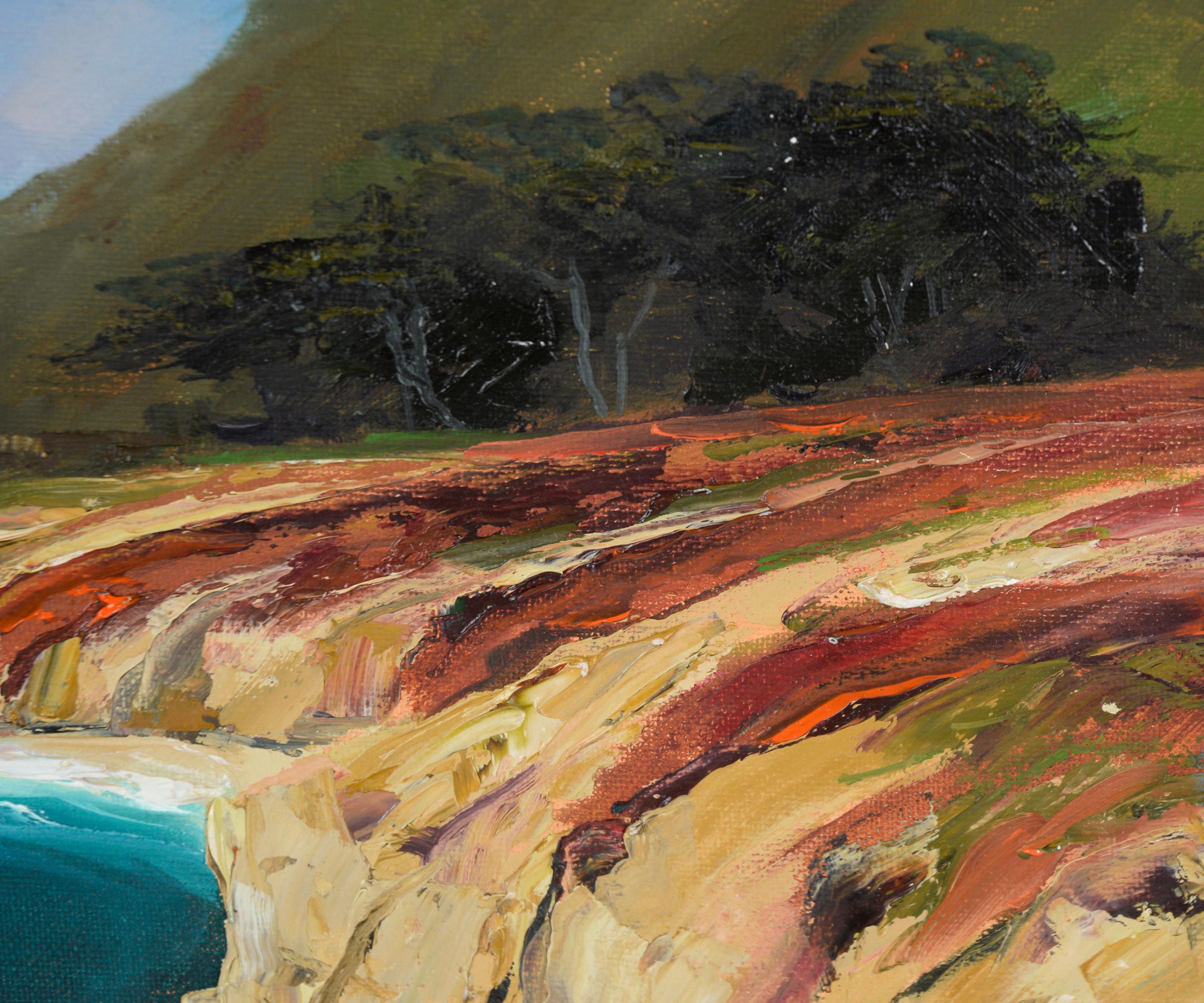 Scogliere costiere e valle lussureggiante - Paesaggio marino Big Sur della costa del Pacifico in olio su tela - Painting Impressionismo americano di Kathleen Murray