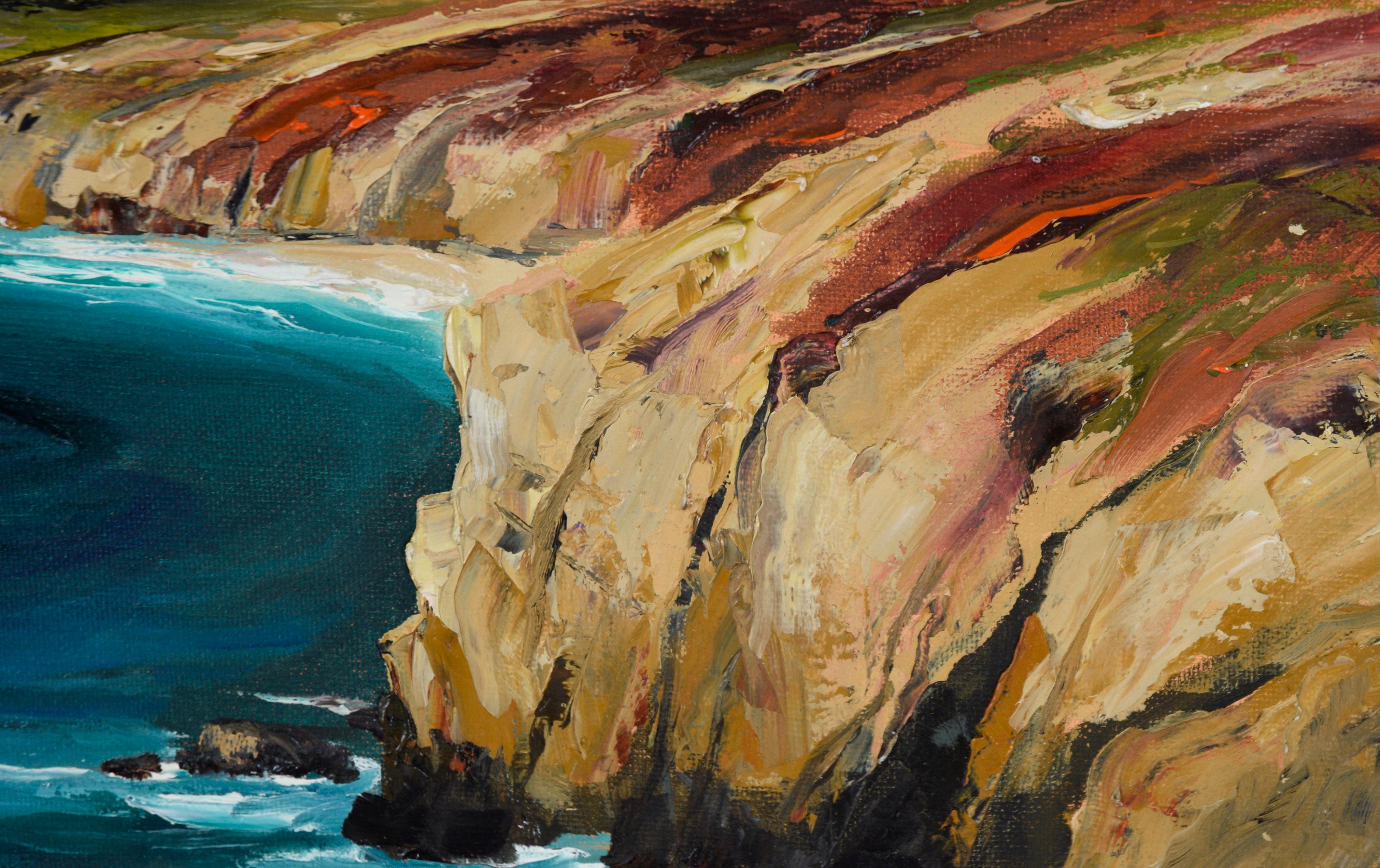 Coastal Cliffs and Lush Valley - Pacific Coast Big Sur Seascape in Oil on Canvas - American Impressionist Painting by Kathleen Murray