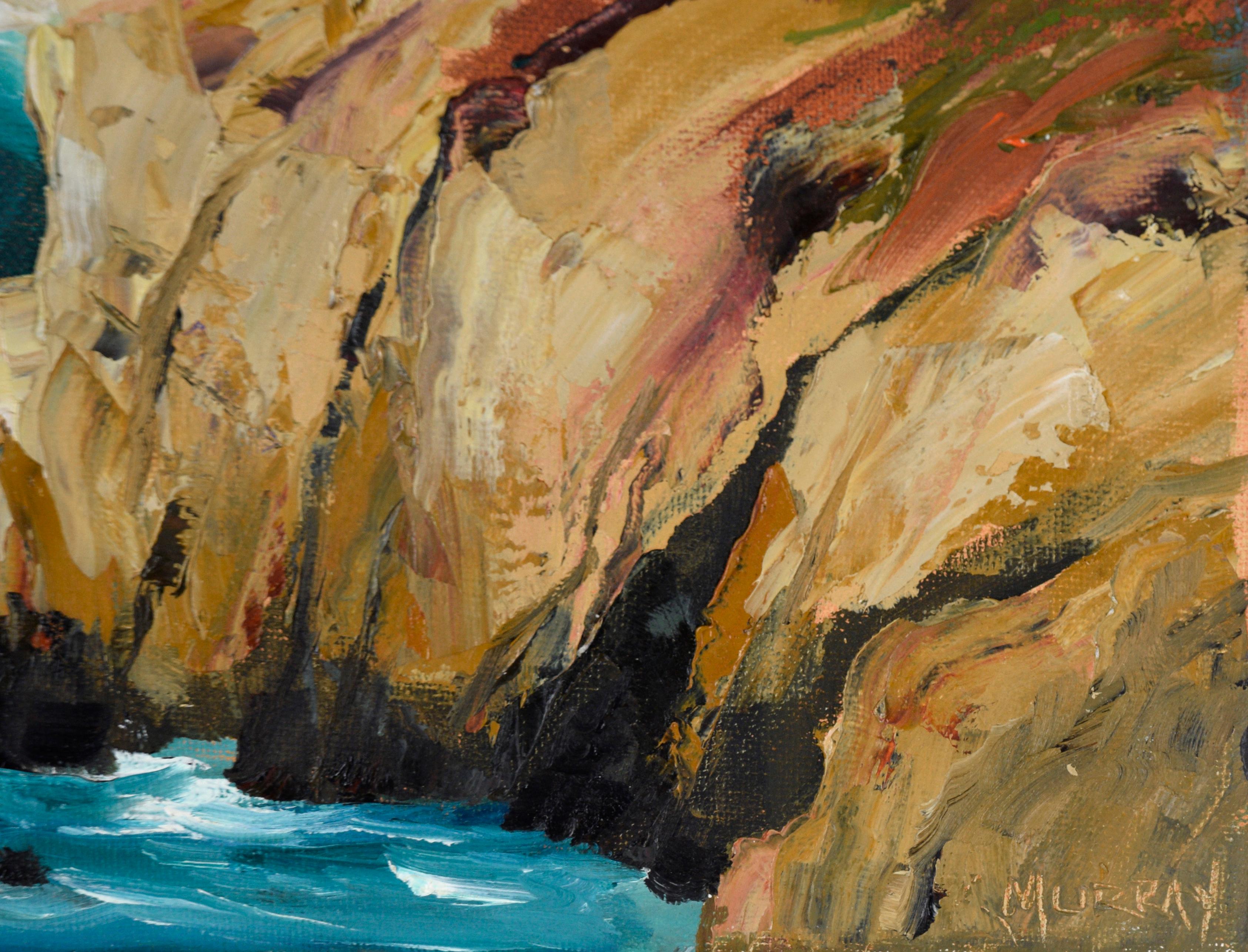 Coastal Cliffs and Lush Valley - Pacific Coast Big Sur Seascape in Oil on Canvas

Gorgeous seascape of Hurricane Point, Big Sur coast by California artist Kathleen Murray (American, b. 1958). The brilliant blue Pacific crashes up against steep