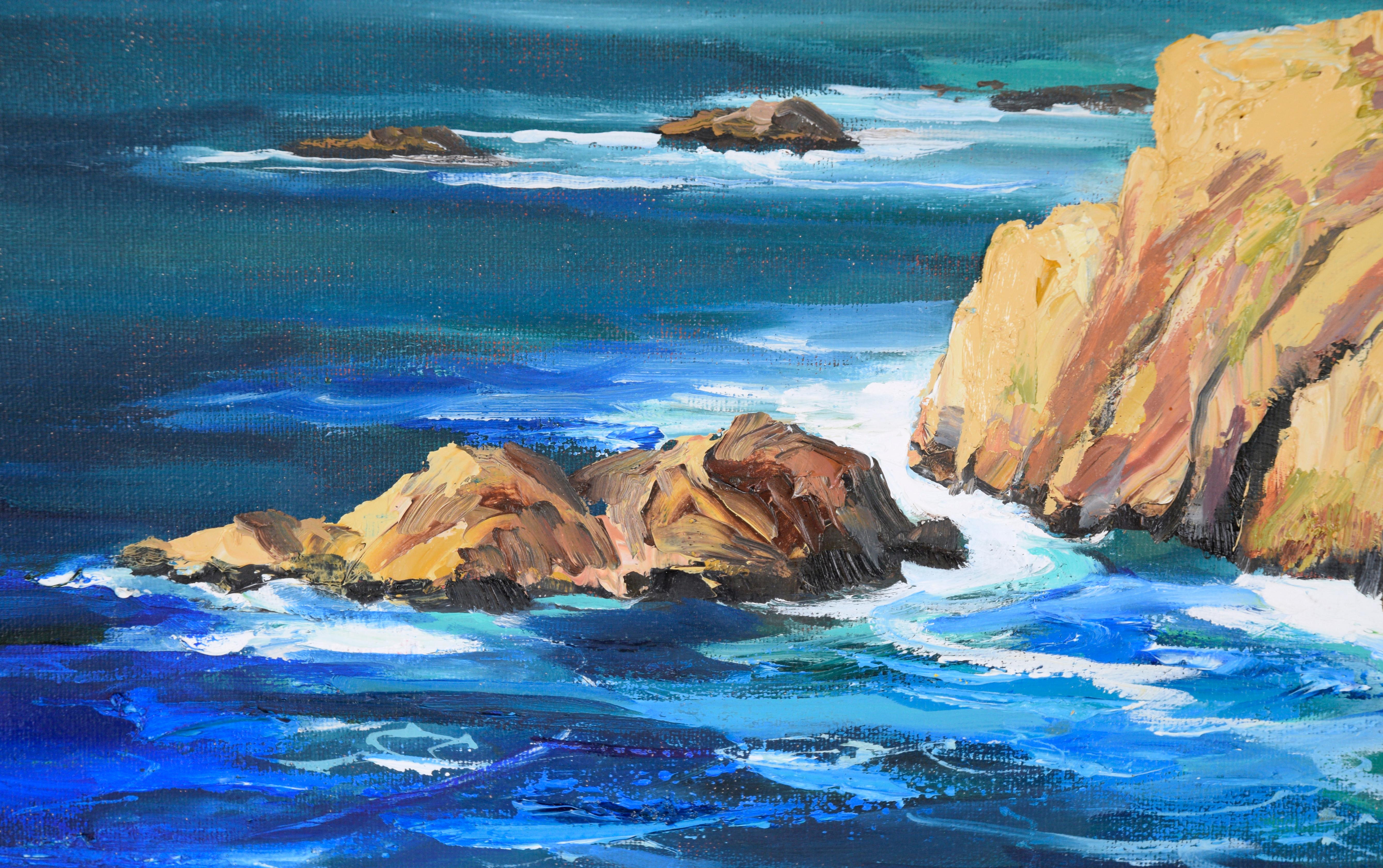 Coastal Cliffs and Rocks - Hurricane Point - Big Sur Seascape in Oil on Canvas

Gorgeous seascape of Big Sur coast by California artist Kathleen Murray (American, b. 1958). The brilliant blue Pacific crashes up against steep coastal cliffs. There