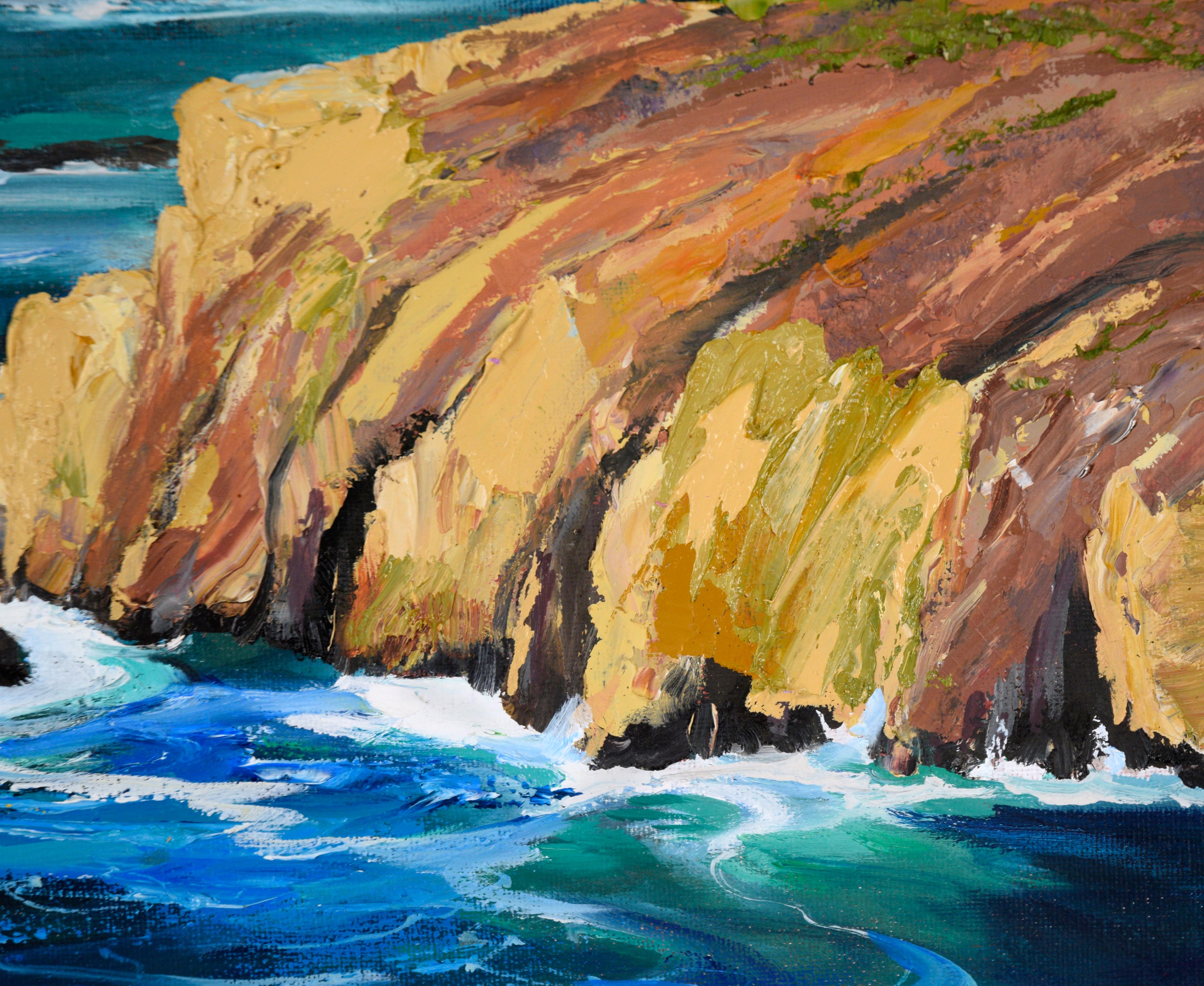 Coastal Cliffs and Rocks - Hurricane Point - Big Sur Seascape in Oil on Canvas For Sale 1