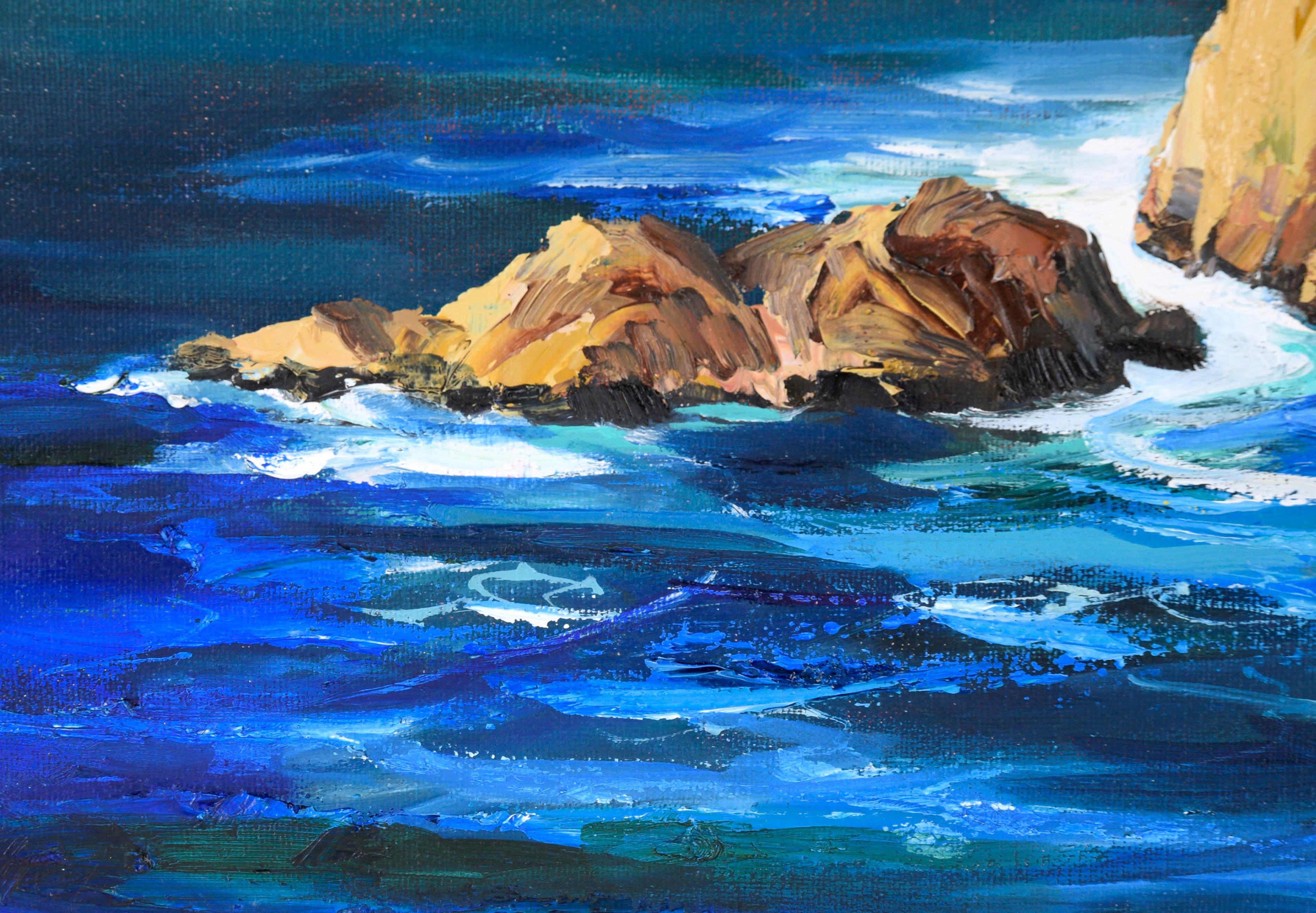 Coastal Cliffs and Rocks - Hurricane Point - Big Sur Seascape in Oil on Canvas For Sale 3