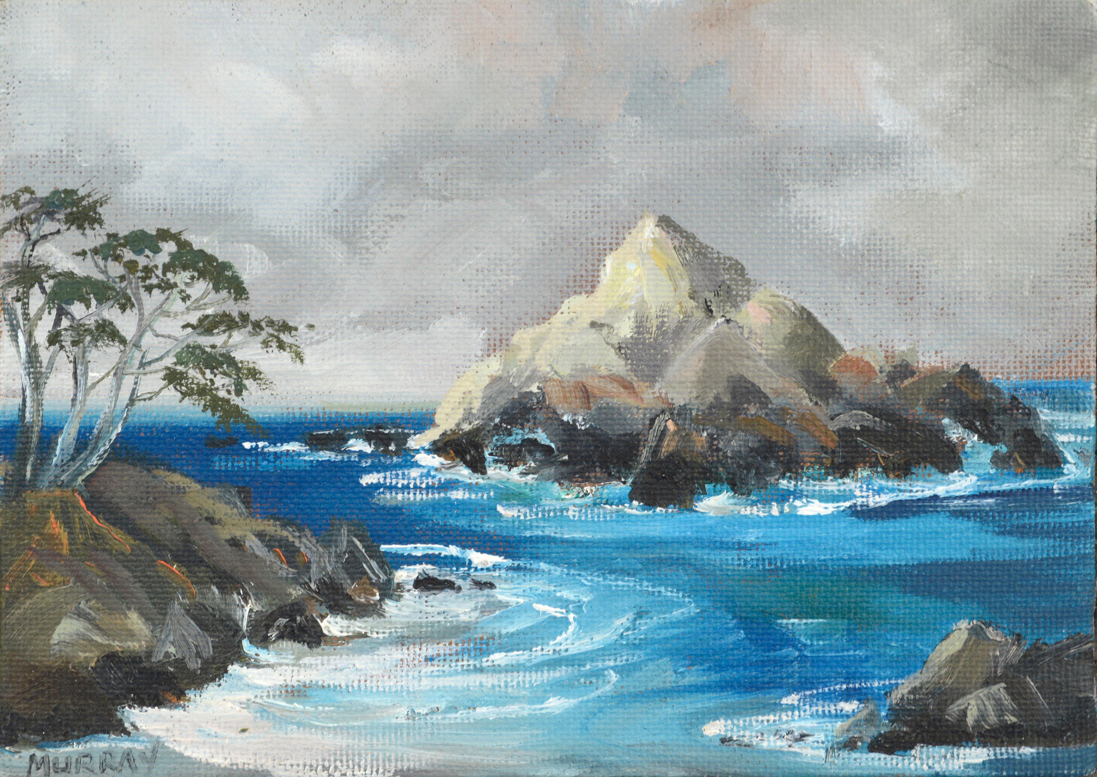 Kathleen Murray Landscape Painting - Monterey Cypress on the Rocks - Miniature Seascape