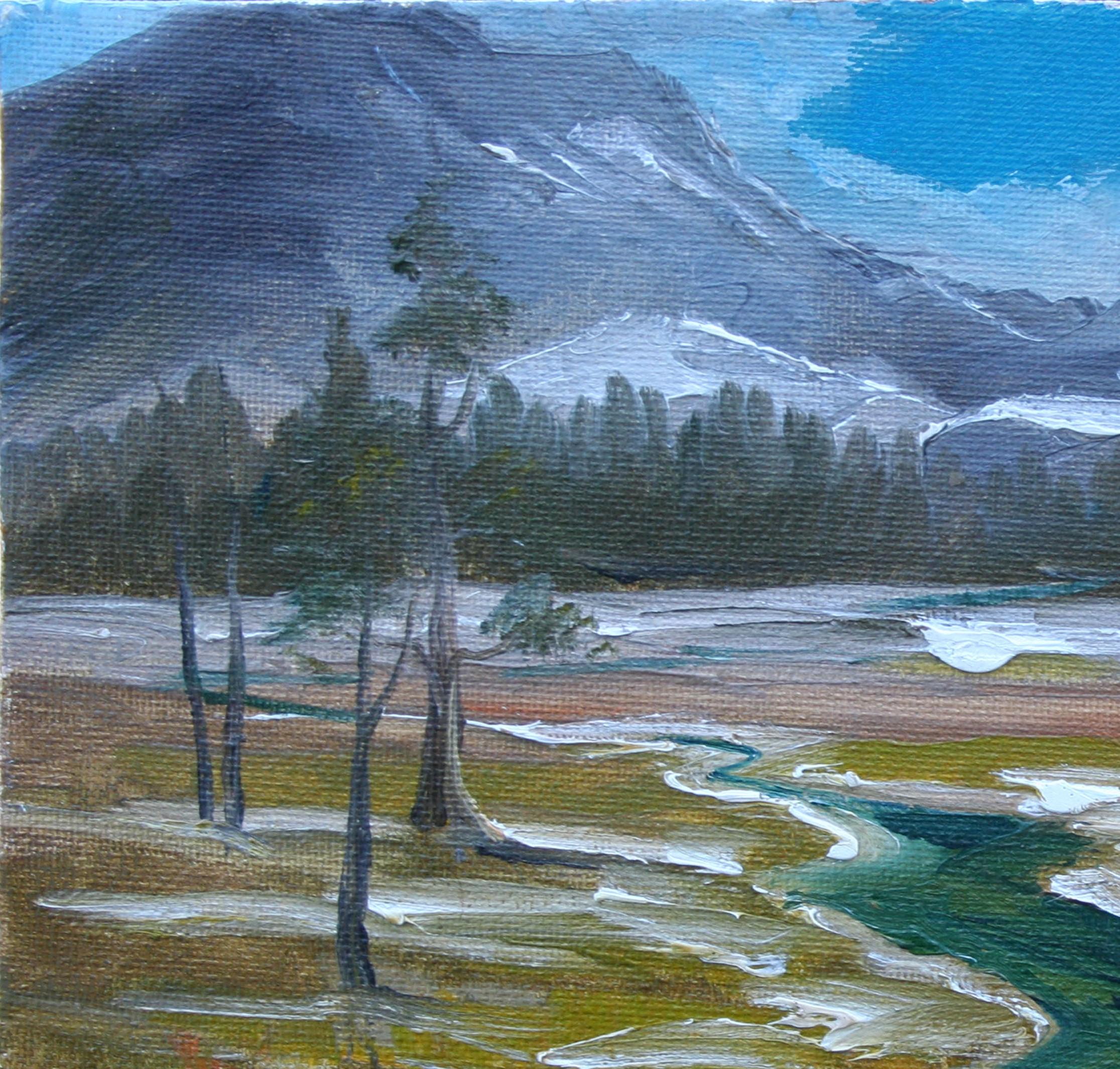 Paysage dramatique de la chaîne de montagnes High Sierra et d'une rivière sinueuse, par Kathleen Murray (américaine, née en 1958). Non signée. Non encadré. Taille de l'image : 6 