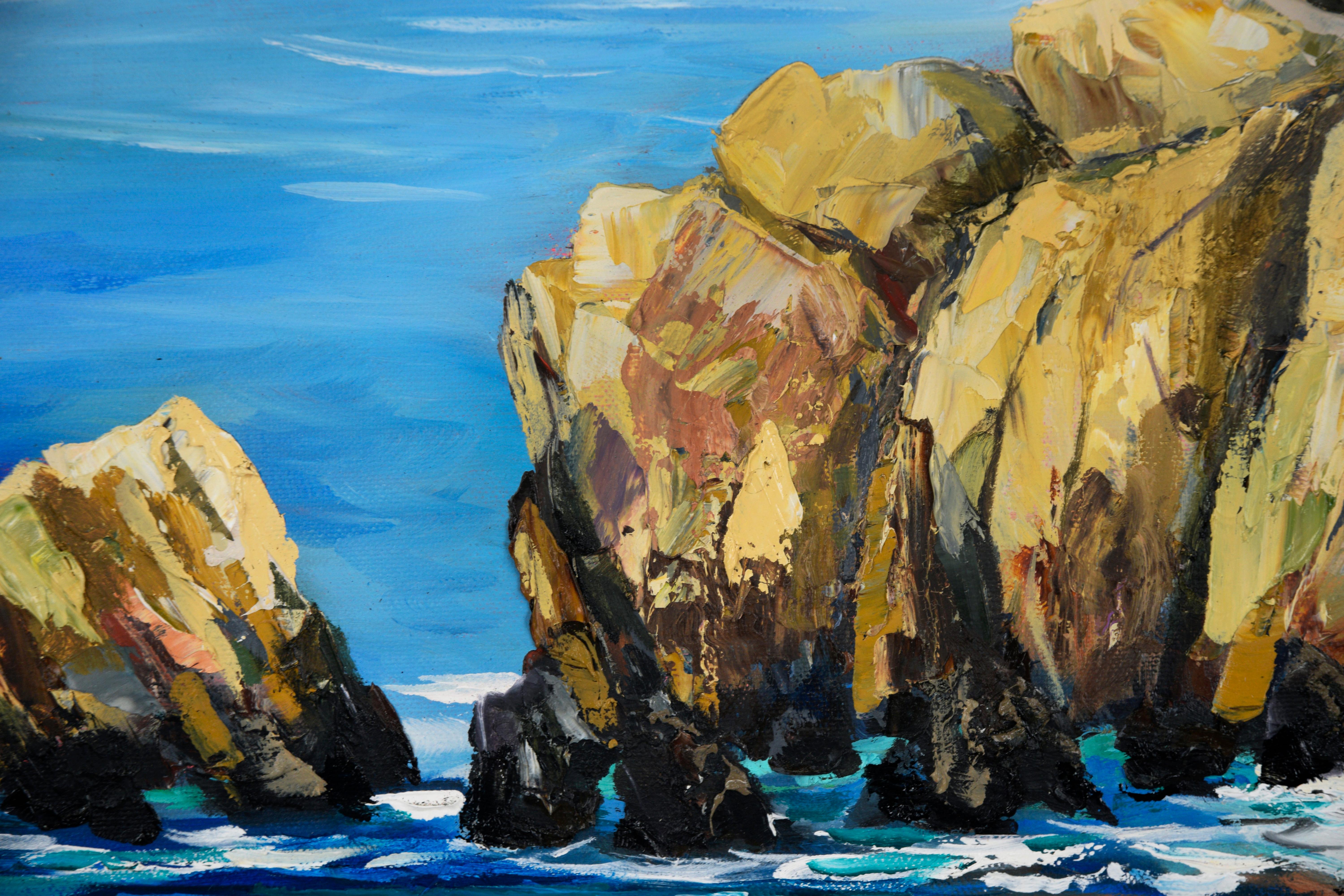 Hurricane Point, Big Sur - Oil on Canvas

Seascape oil painting depicting Hurricane Point, Big Sur, California by Kathleen Murray (American, b. 1958). Clear blue waters can be seen along the rocky Californian coast, with greenery surrounding the