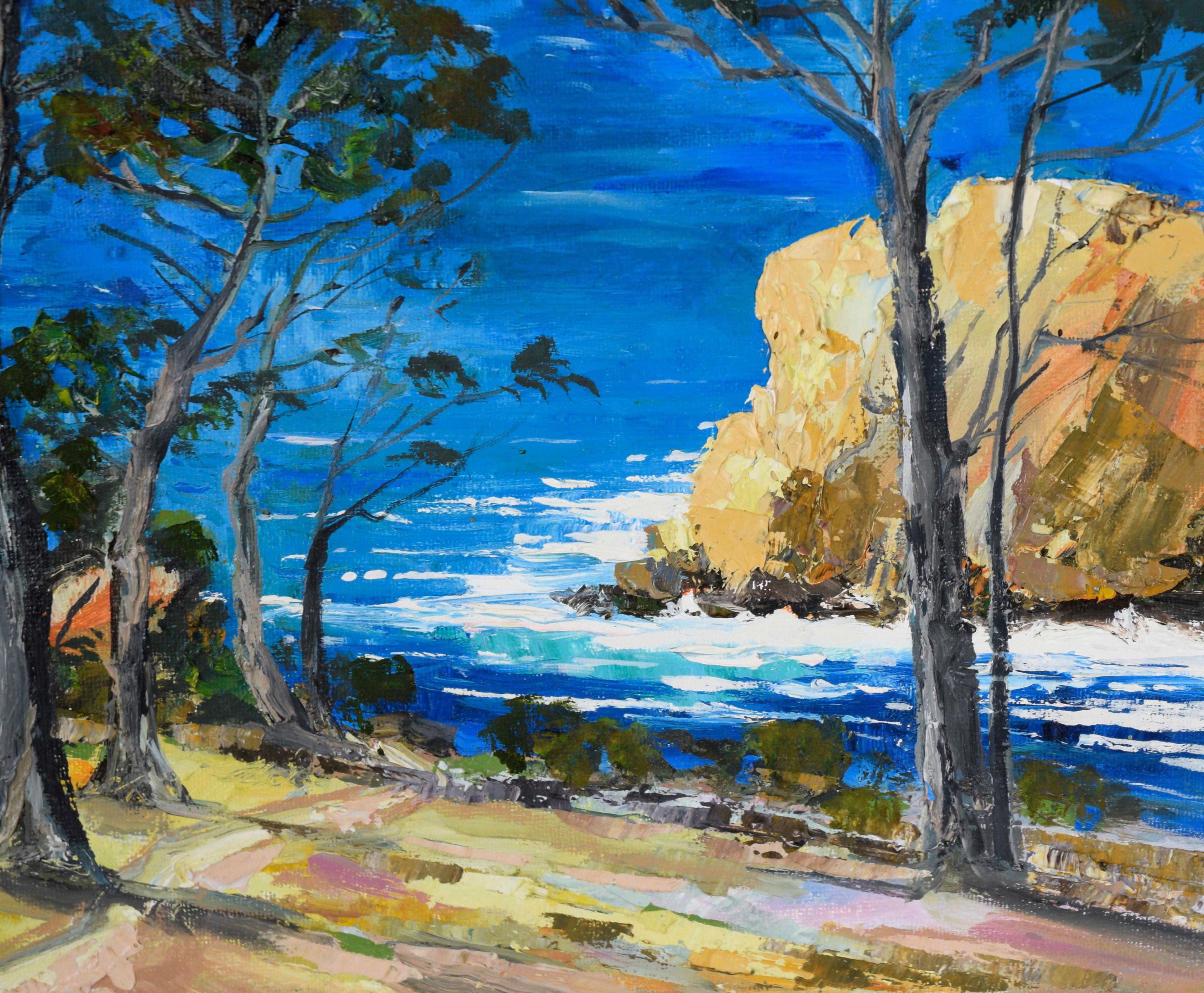 Path to the Ocean - Pacific Coast Seascape in Oil on Canvas

Gorgeous seascape of Big Sur coast by California artist Kathleen Murray (American, b. 1958). The viewer stands at a path leading down a hill towards the bright blue Pacific Ocean. Just