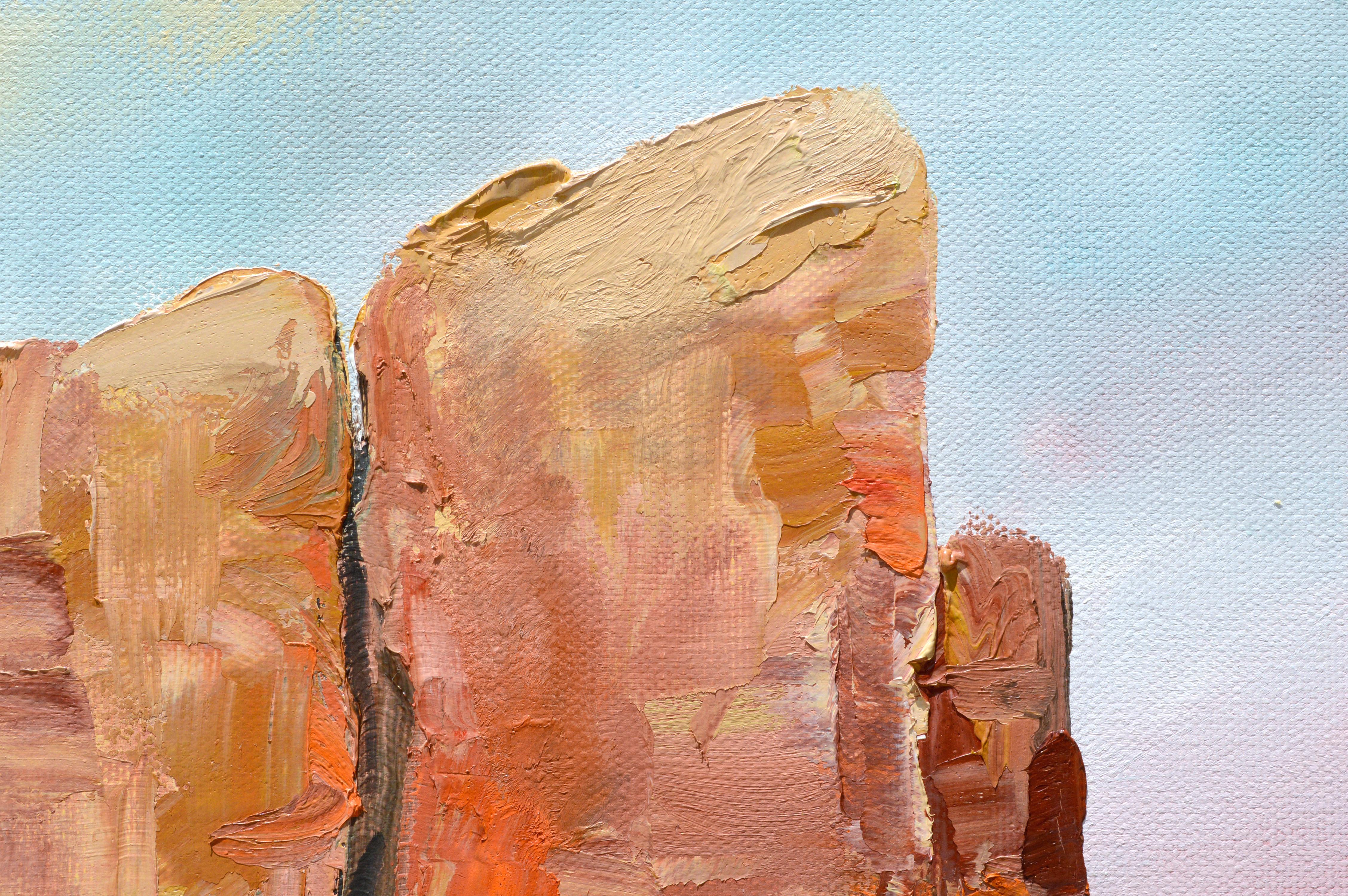 Road Near the Mesa, Contemporary Desert Red Rocks Vertical Landscape - Painting by Kathleen Murray