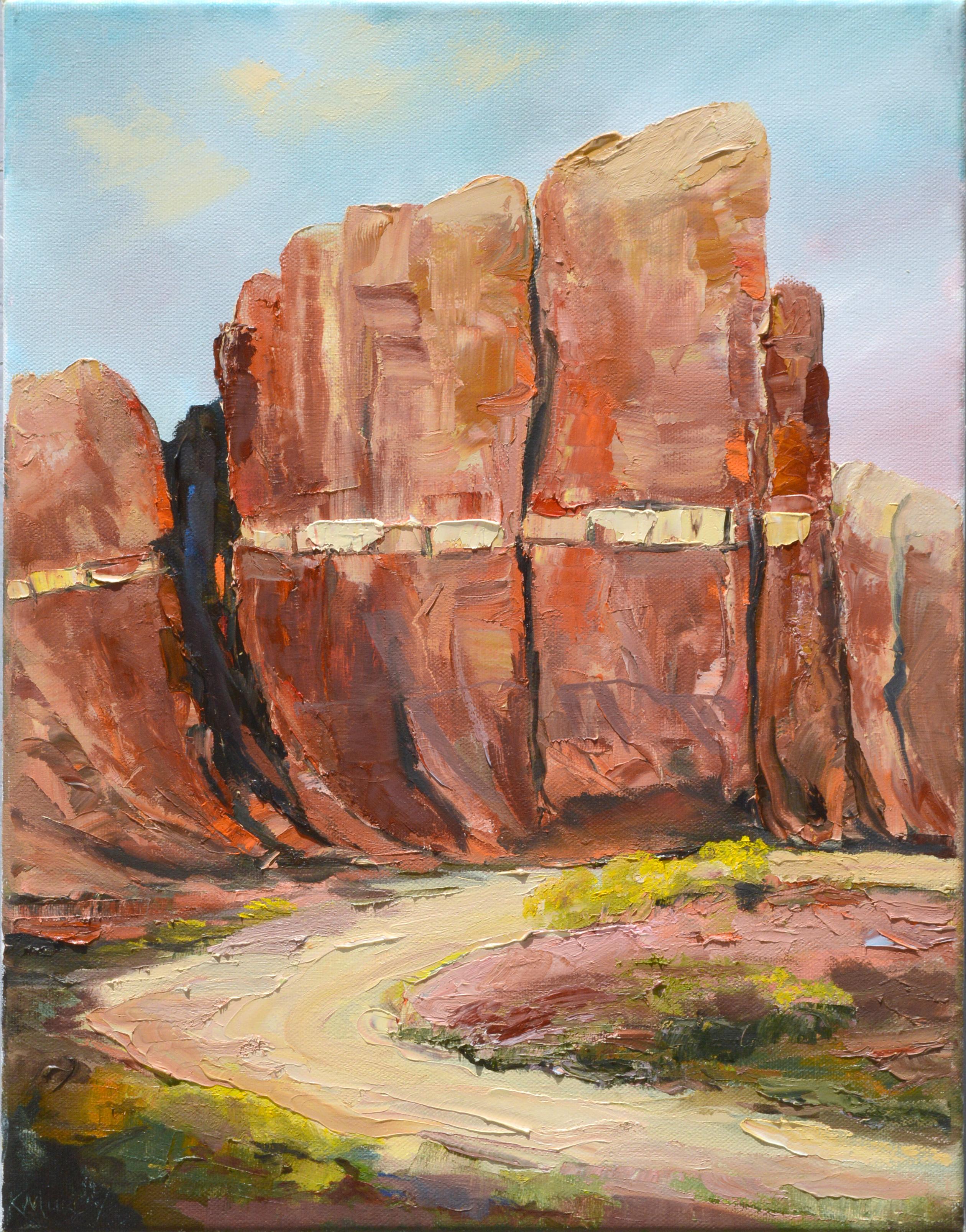 Kathleen Murray Landscape Painting - Road Near the Mesa, Contemporary Desert Red Rocks Vertical Landscape