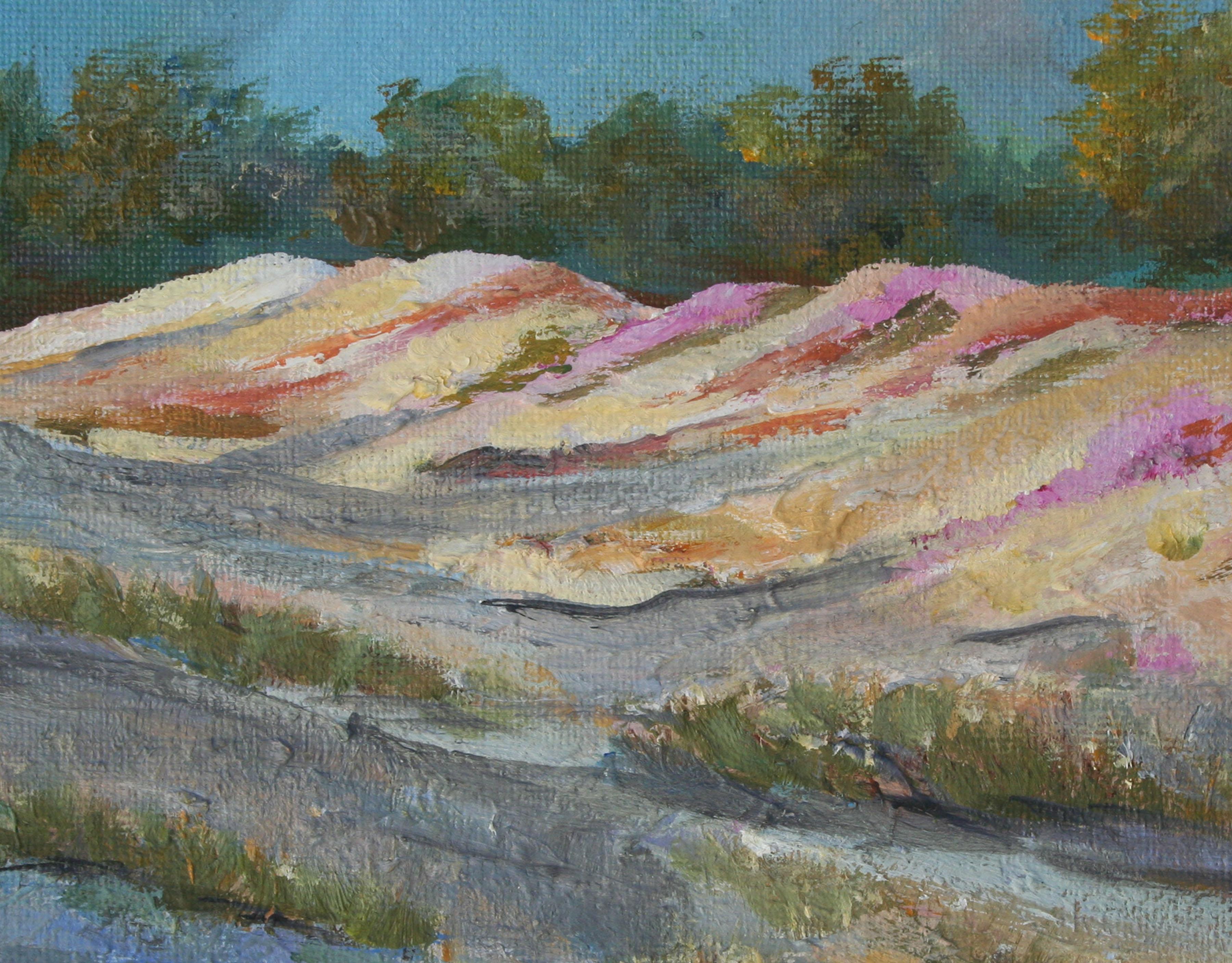 Sand Dunes and Ice Plants - Diminutive Monterey Landscape - Painting by Kathleen Murray