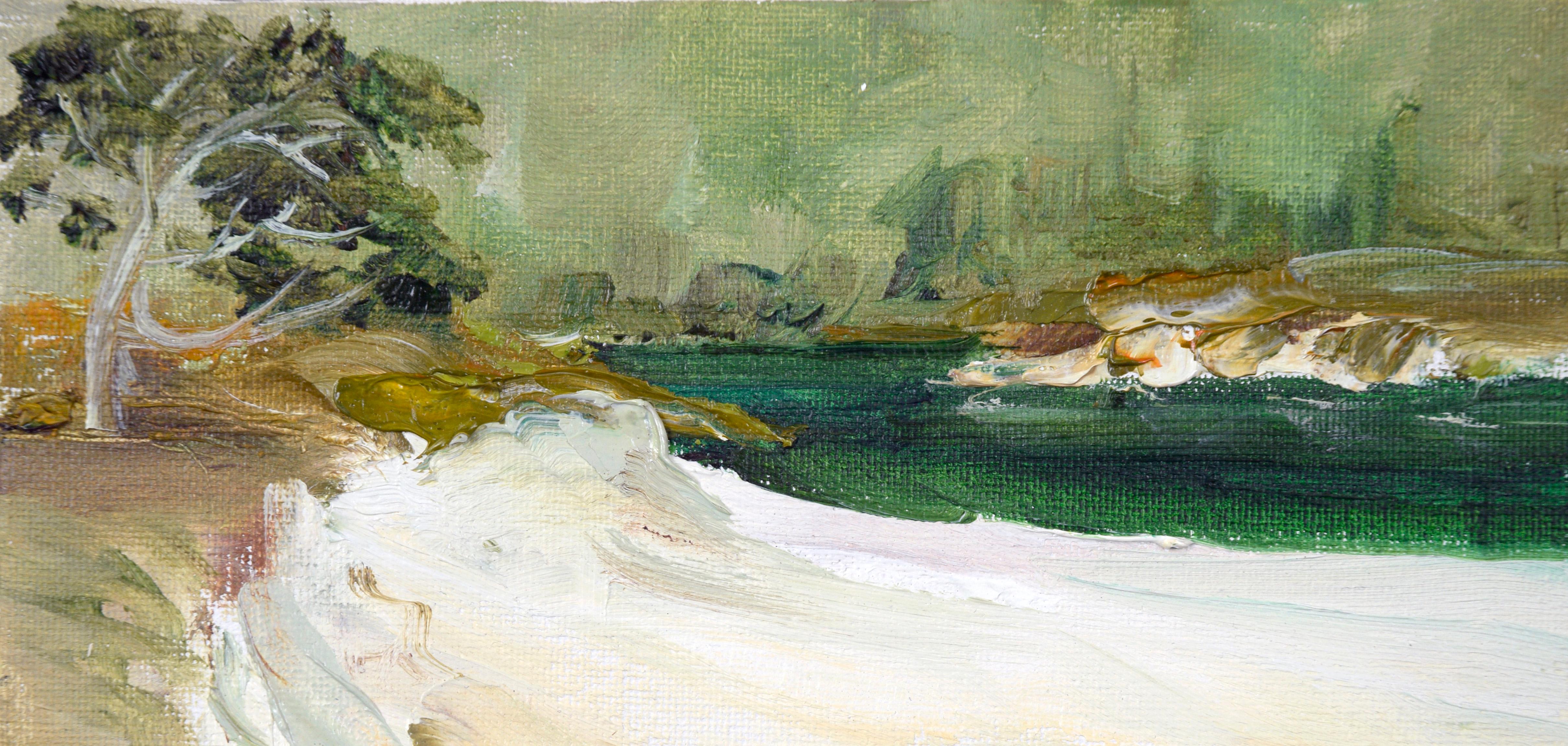 Sandy Beach Big Sur- Impressionist California Landscape
A Sandy Beach - Impasto California Big Sur Landscape with Water Inlet by California artist Kathleen Murray (American, b. 1958.)

This small oil painting depicts a landscape where a sandy bluff