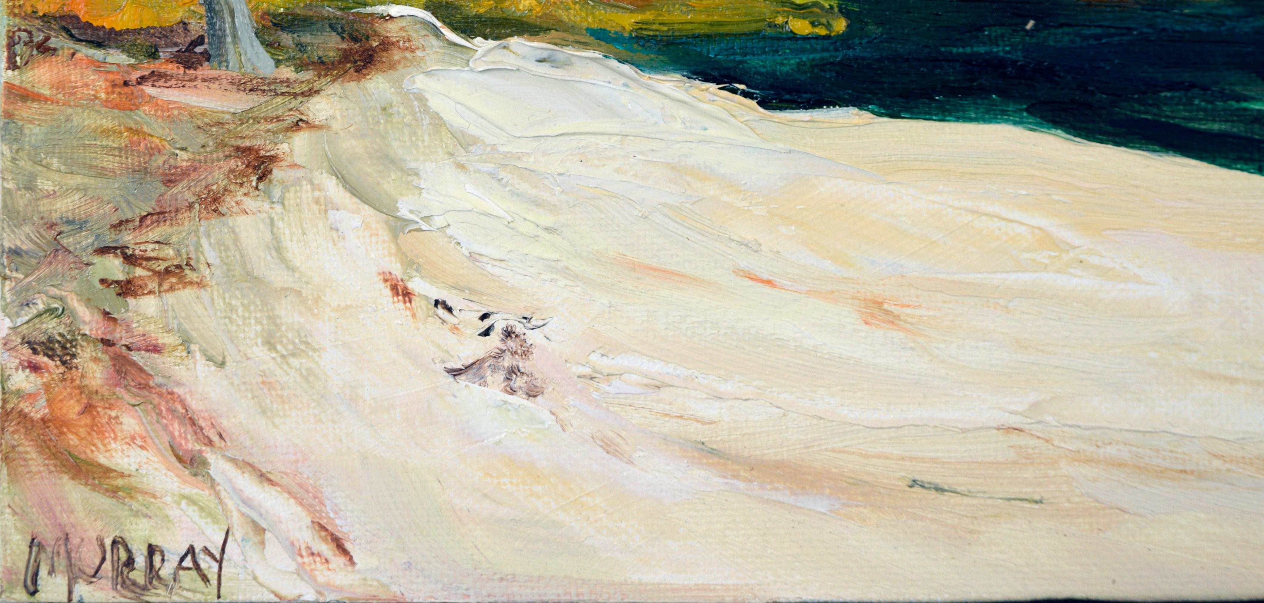 Sandy Beach - Impasto California Landscape with Water Inlet by California artist Kathleen Murray (American, b. 1958.)

This small oil painting depicts an atmospheric and intimate landscape where a sandy bluff meets a water source, potentially a
