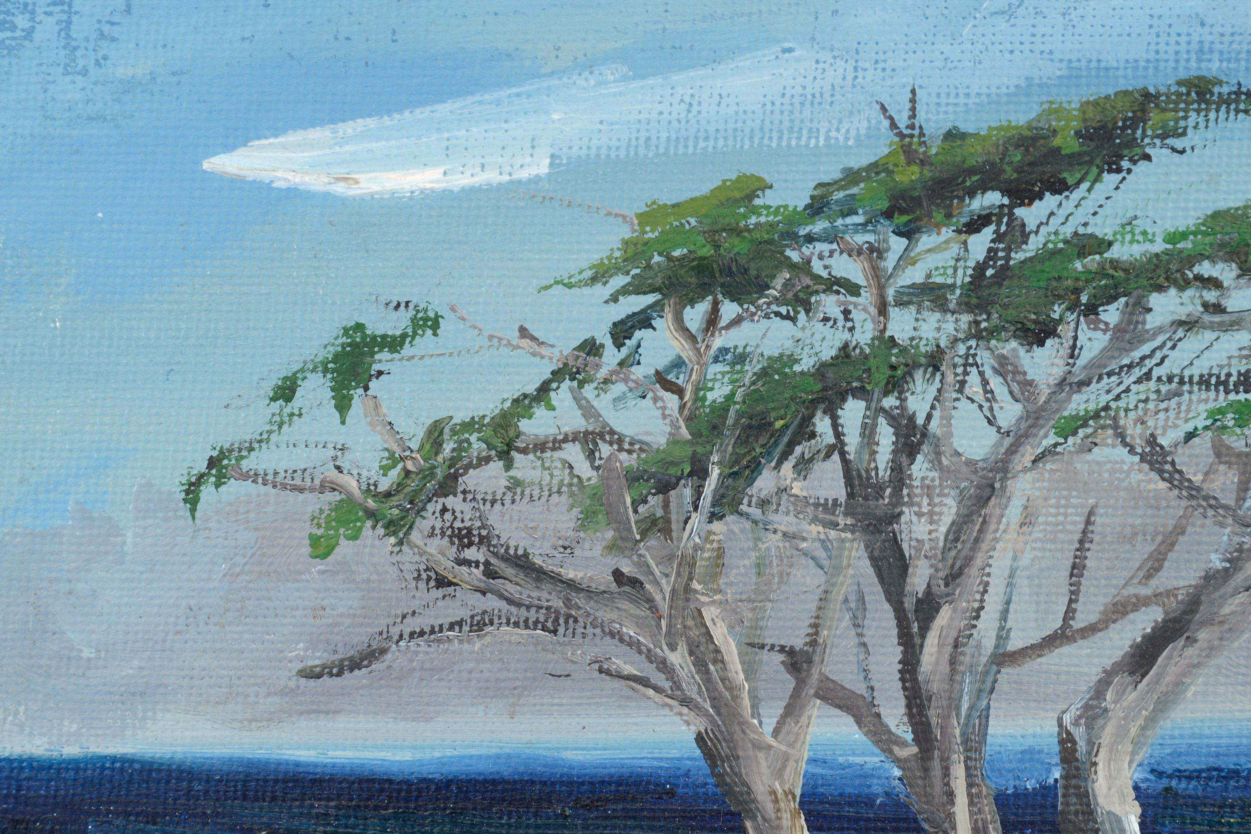 Miniature Pacific Grove Cypress Seascape - Painting by Kathleen Murray