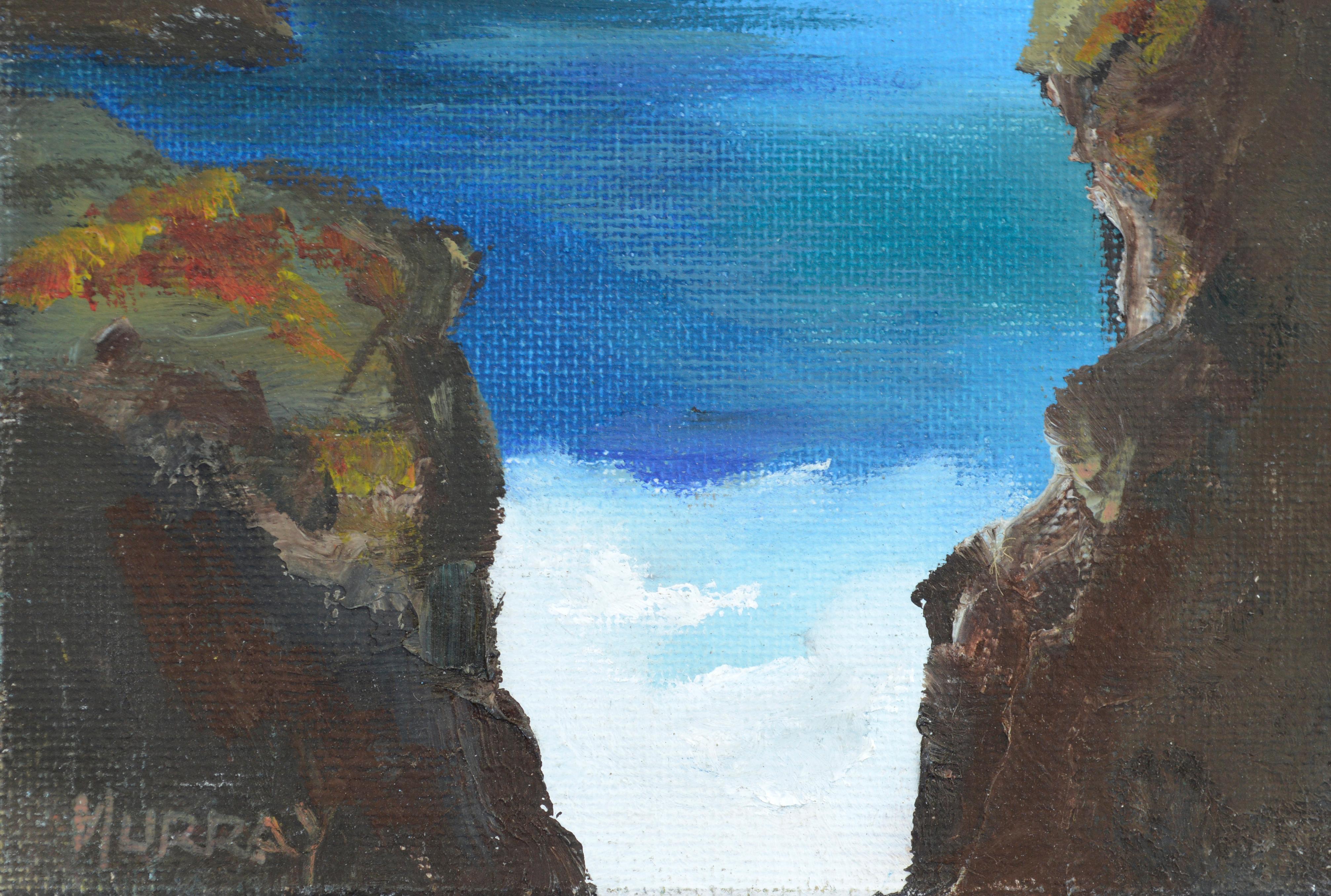 Miniatur- Meereslandschaft #66 „Between a Rock...“ (Blau), Landscape Painting, von Kathleen Murray