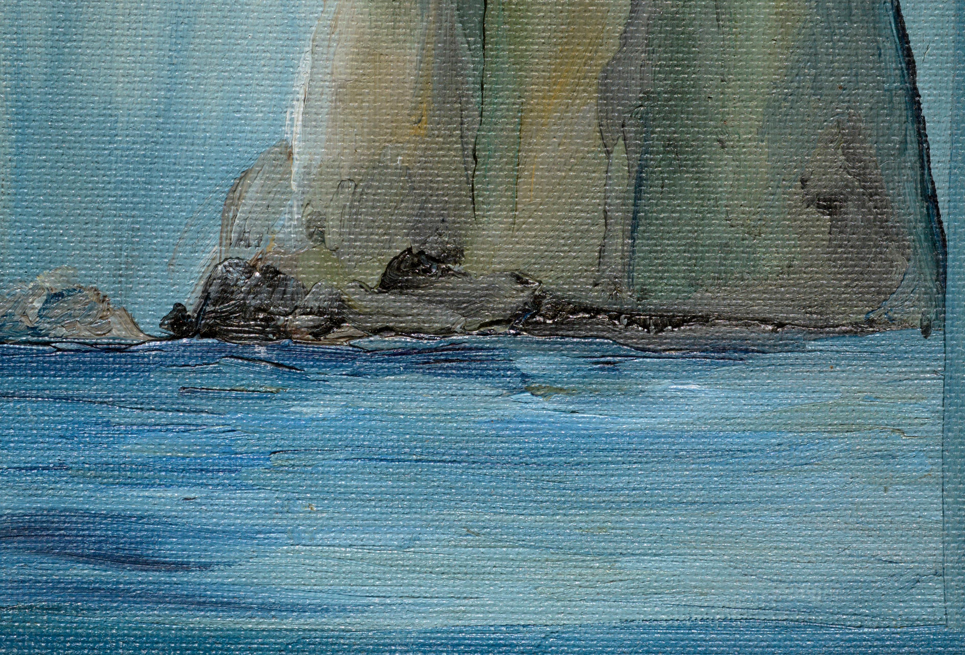 Three Large Cliffs in the Sea, Miniature Contemporary Coastal Seascape - Gray Landscape Painting by Kathleen Murray