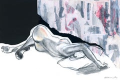 Languid, mixed media collage figure drawing, Mixed Media on Paper