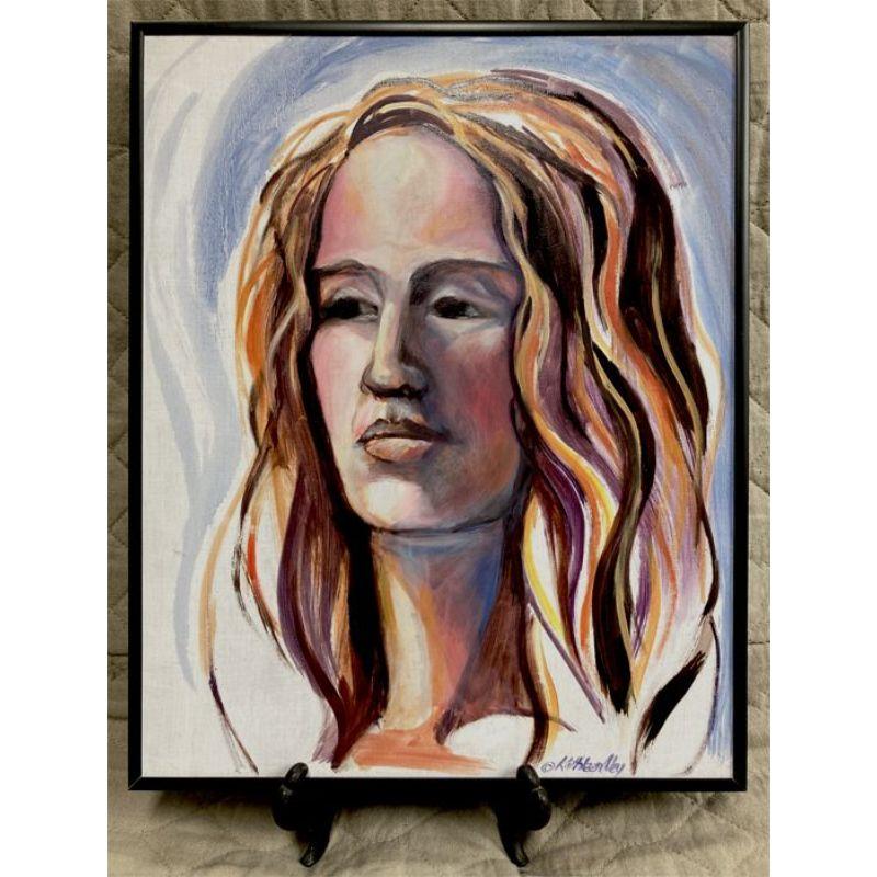 A contemporary colorful portrait painted from life in oils. This uplifting art piece would look great in a variety of settings. A happy and modern interpretation of a traditional subject, this art piece could be a wonderful gift or to add to your