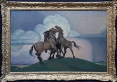 Three Horses + prelim sketch - British 1930's art equine landscape oil painting 