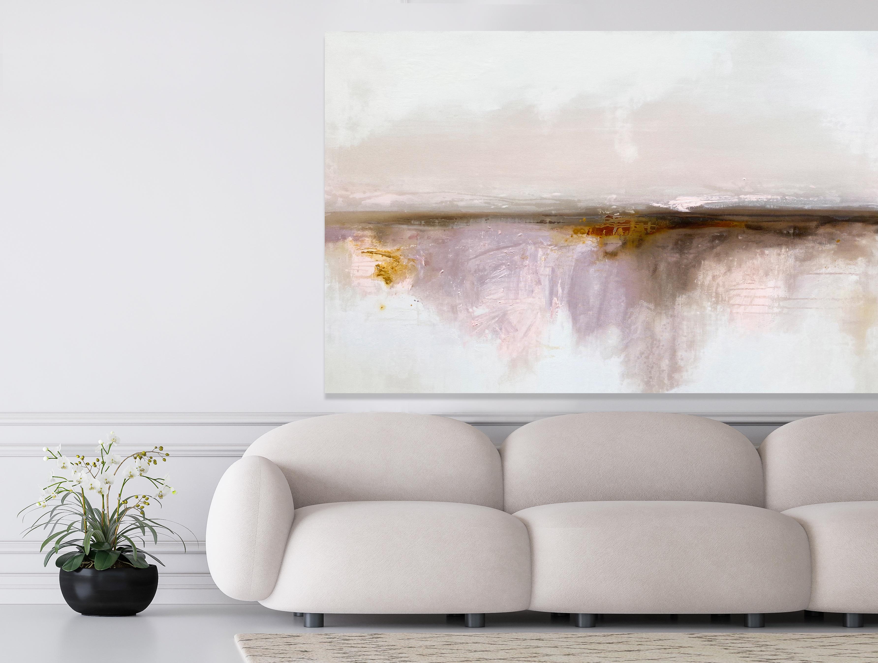 Above and Below Tan large abstract impressionist landscape pink tan earth lilac - Painting by Kathleen Rhee