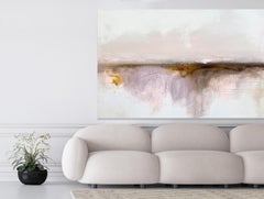 Grande peinture originale de paysage impressionniste abstrait rose, brun clair et terreux
