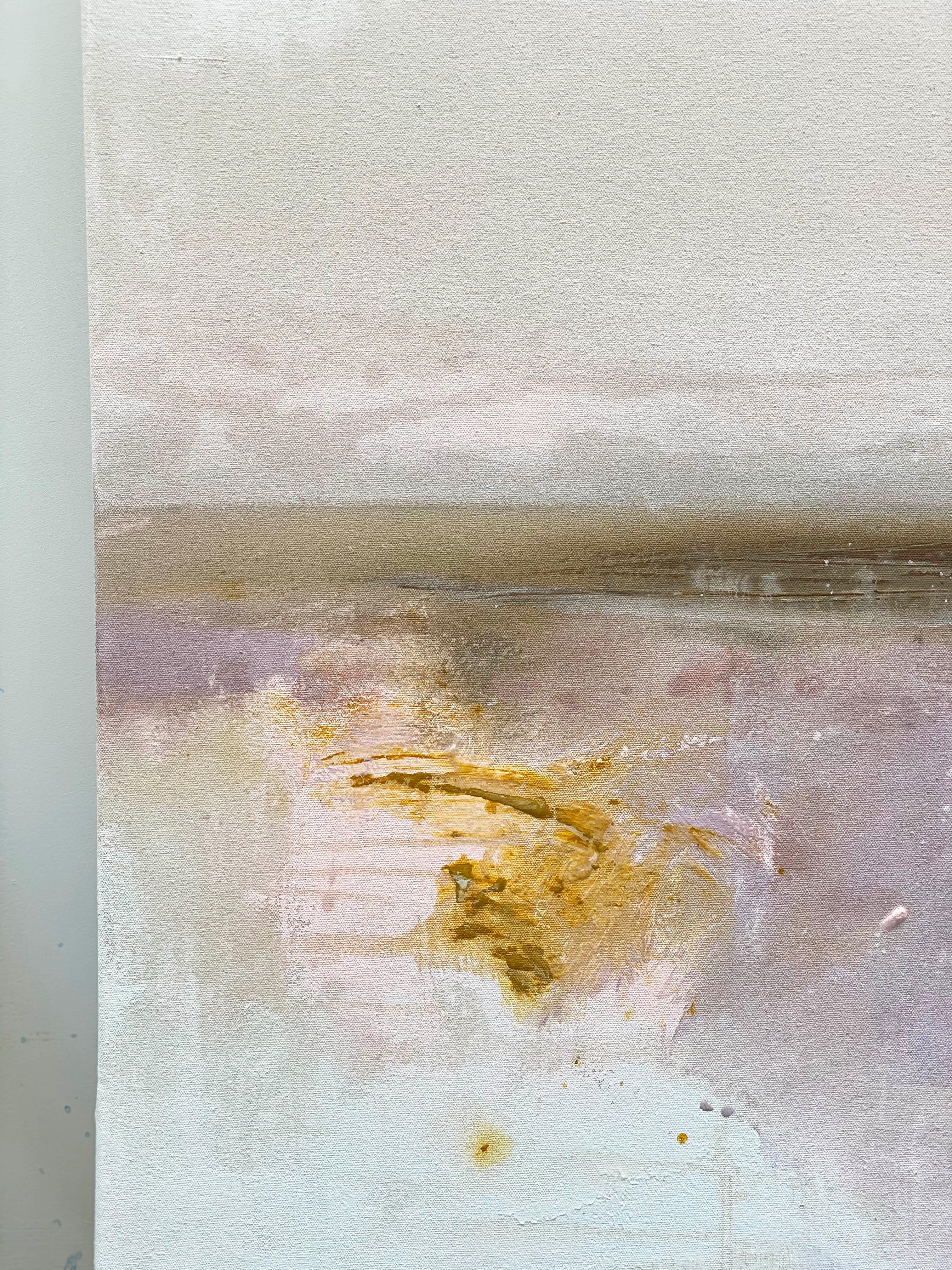 A dynamic abstract expressionist landscape in soft light pinks and tans. Descriptive textures, delicate details in earthy tones and pink levels emanate light, energy and movement. The perfect balance and harmony inspired by our natural world. This