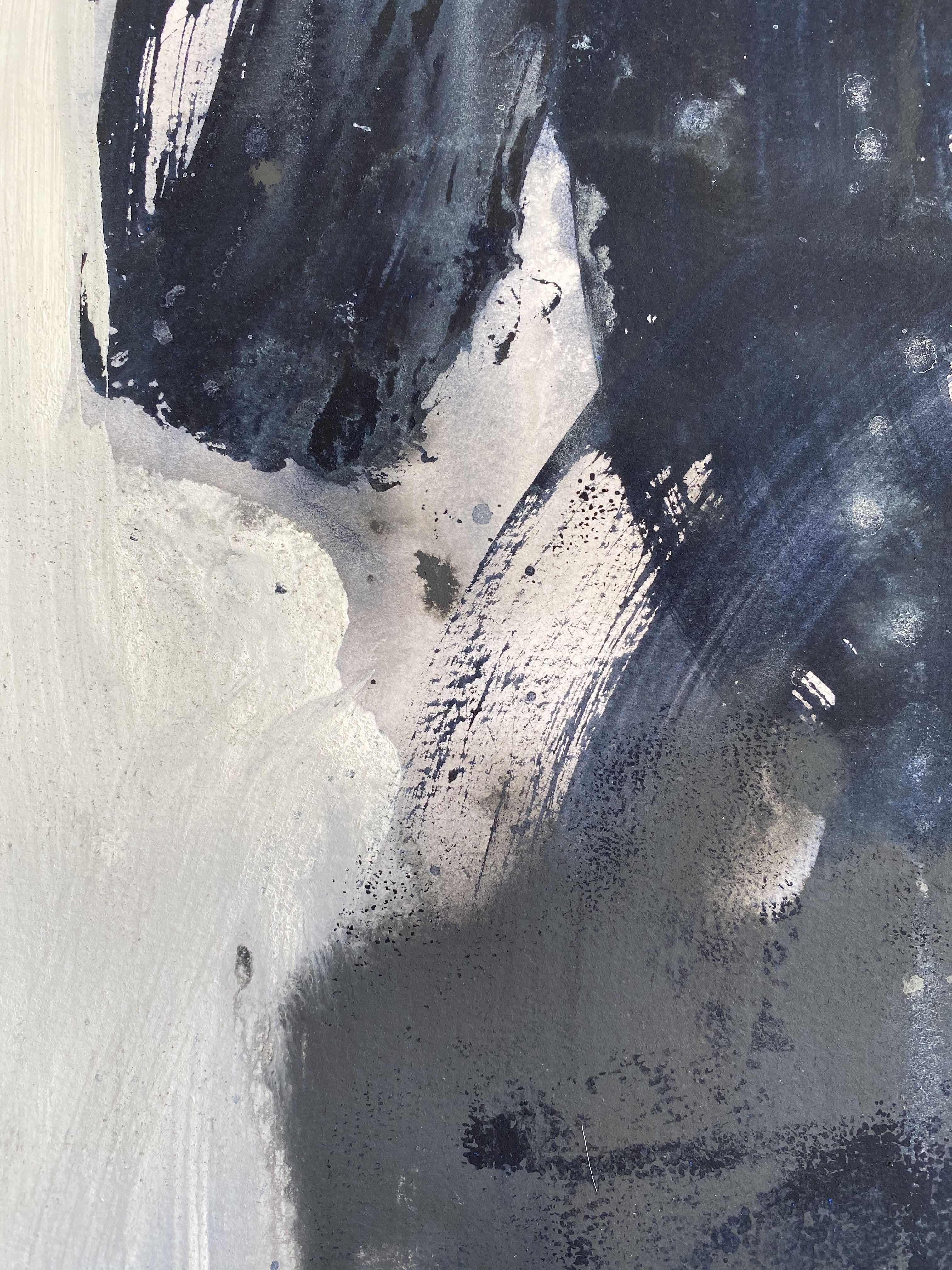 Abstract Black and White no1 original abstract expressionist painting on paper - Gray Abstract Painting by Kathleen Rhee