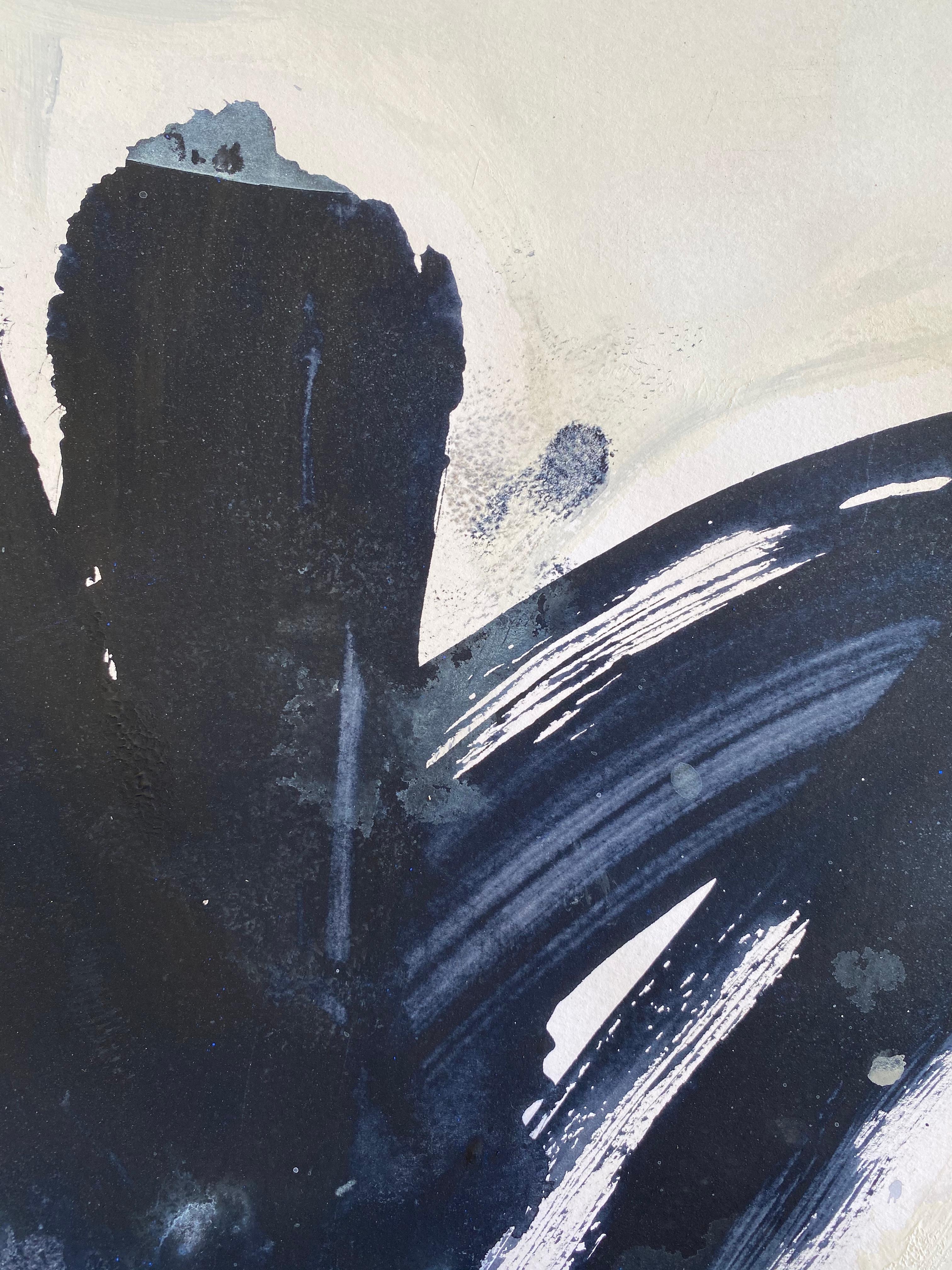 Minimalism, elegance and delicate beauty. An original abstract expressionist painting on archival paper in classic black and white, rich in descriptive mark making, textures and details.  A strikingly unique artwork painted on high quality heavy