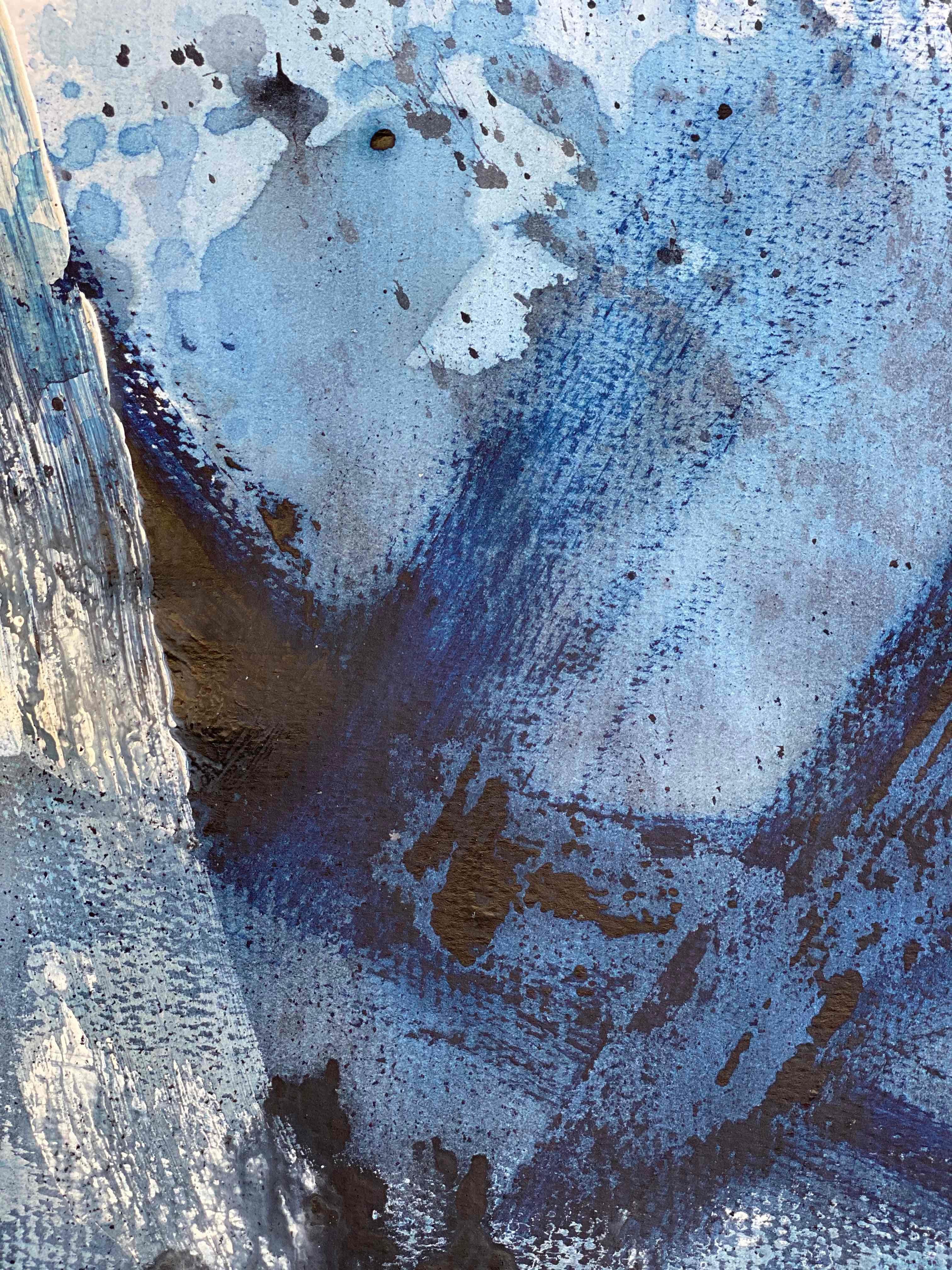 Dramatic elegance, depth and a moody beauty. An original abstract painting on archival paper in classic blue and white, rich in descriptive mark making, textures and details.  A strikingly unique artwork painted on high quality heavy duty