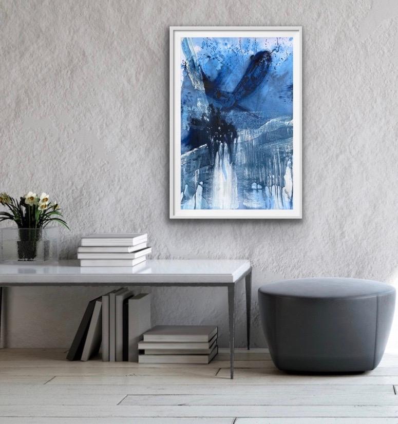 Abstraktes abstraktes expressionistisches Gemälde in Blau und Weiß Nr. 3 auf Papier im Angebot 4