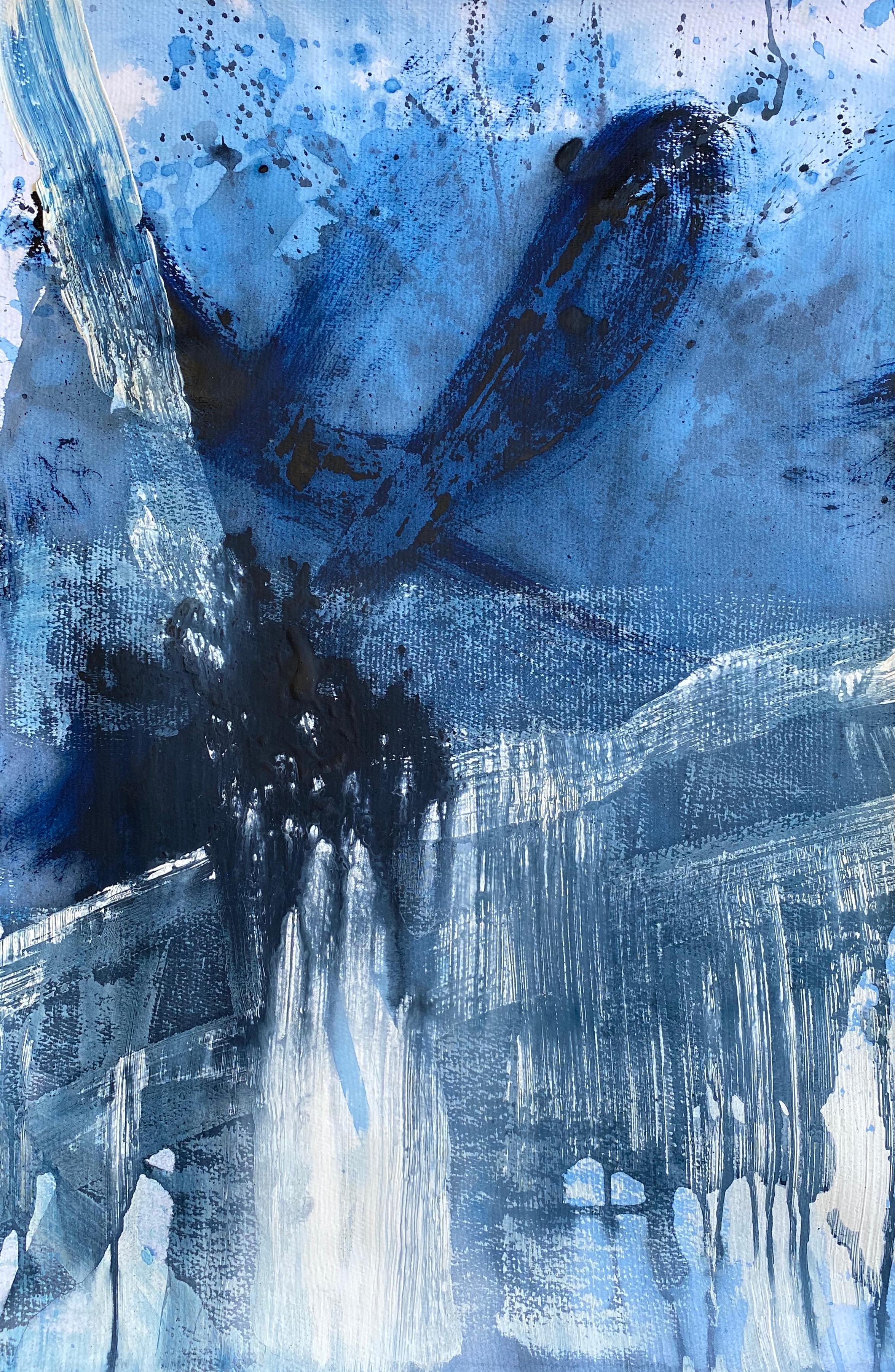 Kathleen Rhee Abstract Painting – Abstraktes abstraktes expressionistisches Gemälde in Blau und Weiß Nr. 3 auf Papier